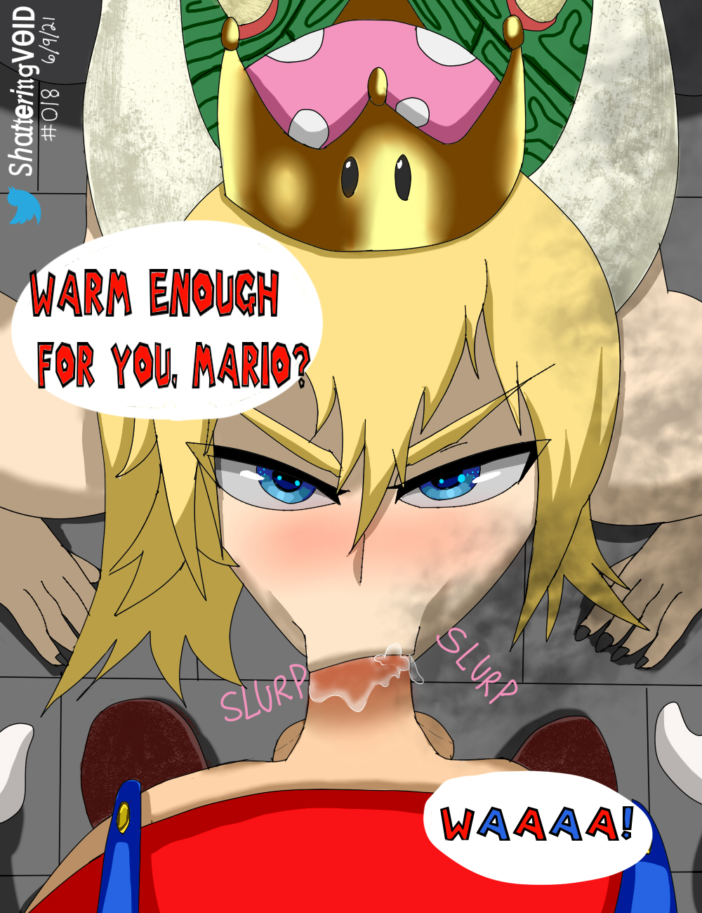 :>=, 1boy, 1girls, black nails, blonde hair, blue eyes, bowsette, deepthroat, defeated villainess, english, english text, eye contact, fellatio, female, fire breathing, first person view, from above, horns, looking up, mario, mario (series), narrowed eyes, naughty face, new super mario bros. u deluxe, on floor, oral, pants down, penis, pov, pov eye contact, rule 63, shatteringvoid, smoke, sound effects, super crown, super mario bros., testicles, transformation, v-shaped eyebrows
