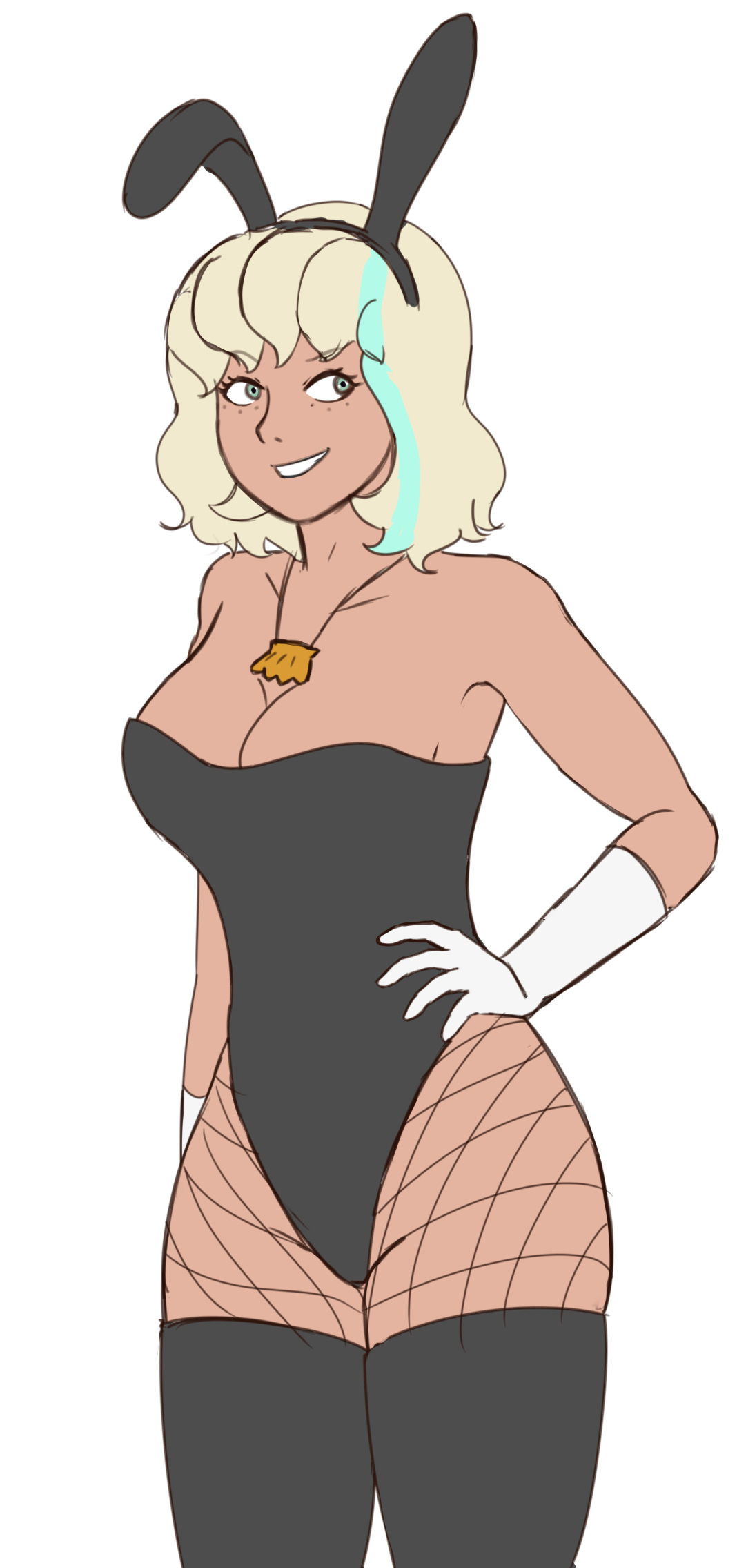 1girls, blonde hair, breasts, bunny ears, bunnysuit, cleavage, devilishrr, disney, disney channel, disney xd, female, female only, fishnets, freckles, gloves, green eyes, grin, hand on hip, jackie lynn thomas, large breasts, leotard, necklace, playboy bunny, playboy bunny leotard, smile, solo, star vs the forces of evil, straight hair, tan-skinned female, thighhighs, white female