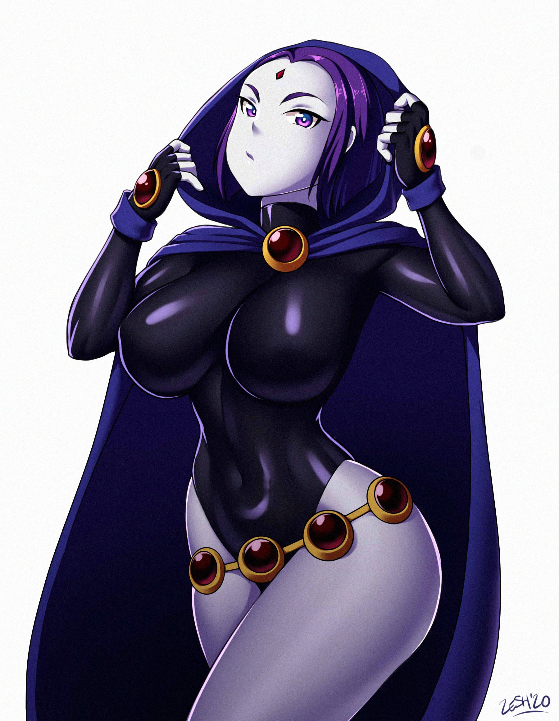 1girls, breasts, cloak, dc, dc comics, female, female only, grey skin, hood, large breasts, leotard, looking at viewer, nipples visible through clothing, pale skin, purple eyes, purple hair, rachel roth, raven (dc), skin tight, smooth skin, solo, teen titans, white background, zeshgolden
