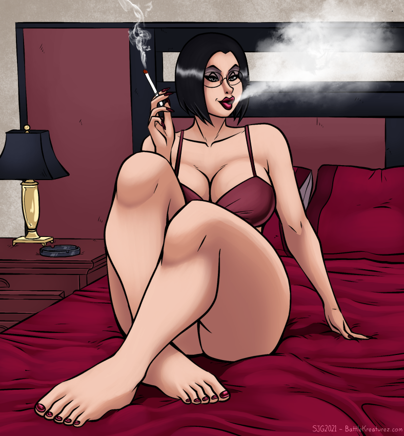 amphurious ashtray battle_kreaturez bed bedroom big_breasts bob_cut bra cigarette crossed_legs eyeshadow feet female_only glasses kristy_winters large_breasts lingerie lounging mature_female nightstand pillows red_nail_polish smoking thick_thighs