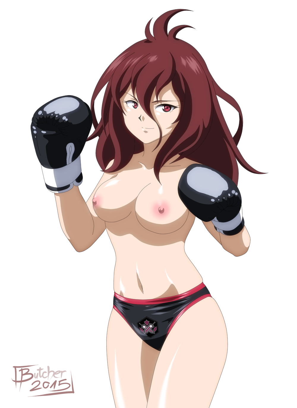 1girls belly black_boxing_gloves black_gloves boxing_gloves breasts butcherstudios emblem female female_only gakusen_toshi_asterisk gloves half_naked looking_at_viewer nipples panties red_eyes red_hair smile solo solo_female thighs urzaiz_irene