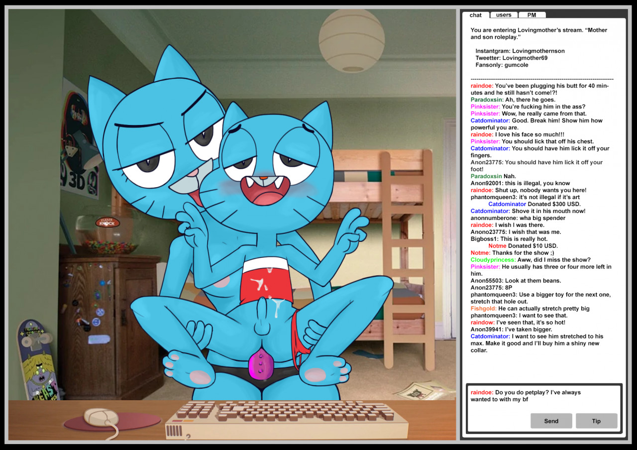 1boy, 1girls, age difference, anal, anal sex, anthro, crossdressing, feline, female, female penetrating, female penetrating male, femboy, femdom, fur, furry, furry only, girly, gumball watterson, humanoid, incest, livestream, looking pleasured, male, male penetrated, malesub, milf, mother and son, nicole watterson, parent and child, pegging, penetration, rough sex, sex, sex toy, size difference, strap-on, strapon, streaming, taken from behind, the amazing world of gumball, trap