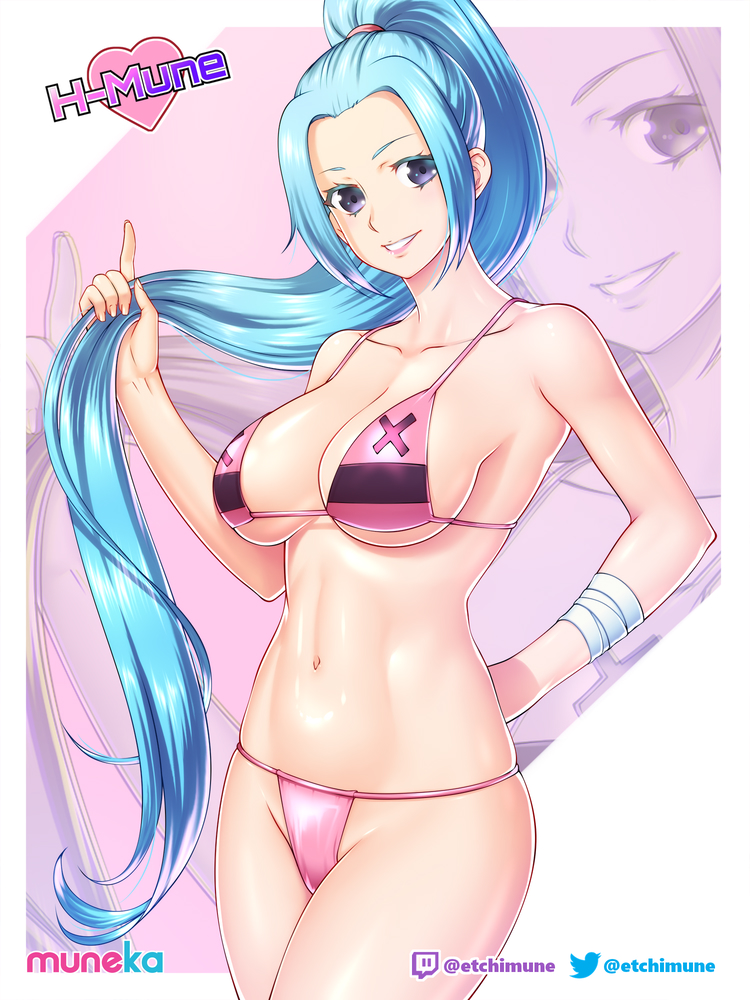 1girls, bikini, blue eyes, blue hair, blue-haired female, breasts, cleavage, collarbone, cowboy shot, etchimune, female, female only, grin, high ponytail, highleg, highleg bikini, holding, holding hair, index finger raised, large breasts, long hair, looking at viewer, nefertari vivi, one piece, pink bikini, shiny, shiny hair, sideboob, sidelocks, smile, solo, standing, swimsuit, twitter logo, twitter username, underboob, very long hair