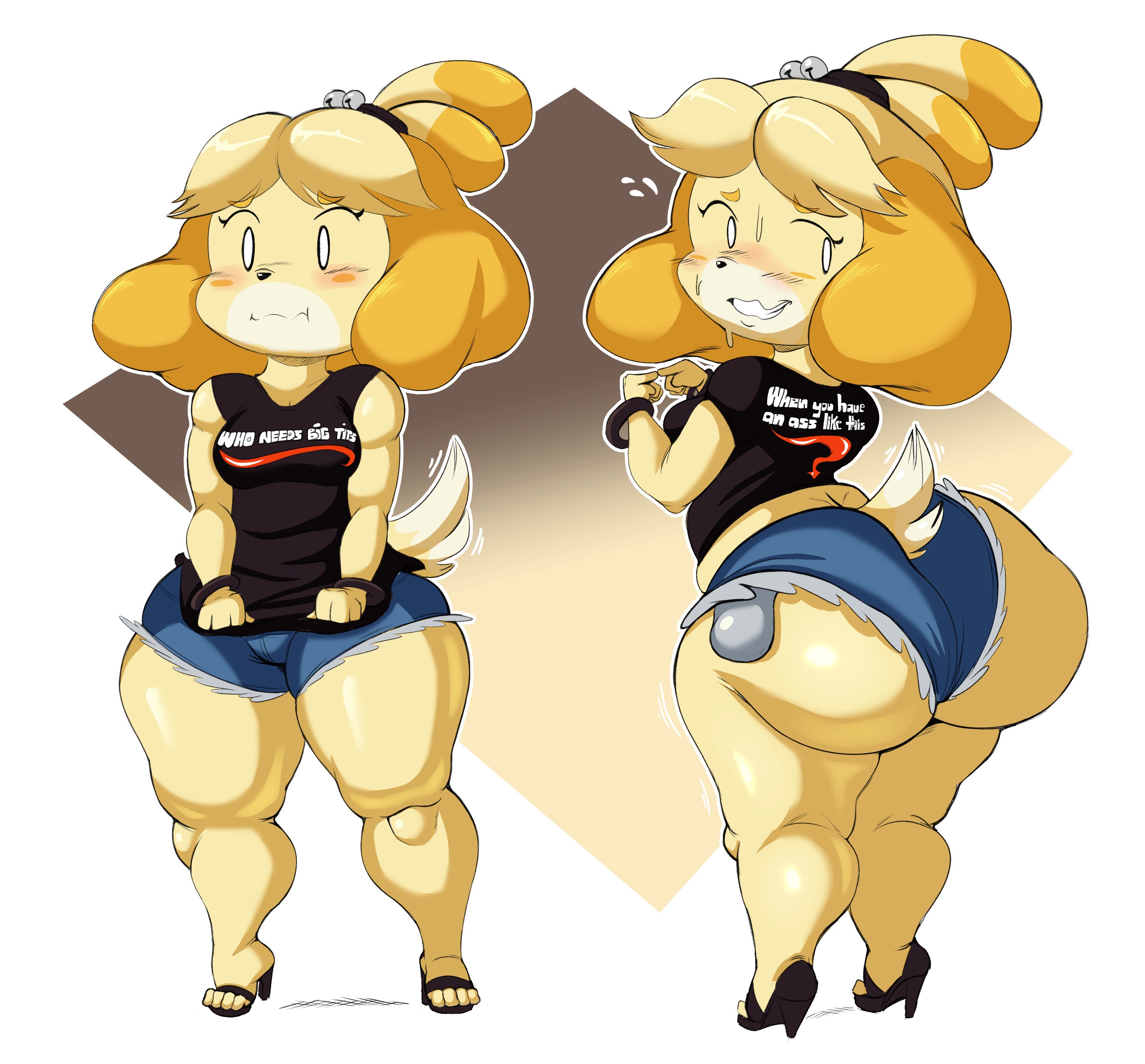 1girls, 2021, animal crossing, anthro, ass, big ass, big butt, blush, booty shorts, bottom heavy, breasts, bubble ass, bubble butt, canine, daisy dukes, english text, fat ass, fat butt, female, fully clothed, furry, heels, hi res, highres, hips, hot pants, hotpants, isabelle (animal crossing), looking back, nintendo, purple yoshi draws, round ass, short hair, short shorts, shorts, shortstack, tail, text, thick, thick ass, thick thighs, thighhighs, video games, wedgie, white background, wide hips