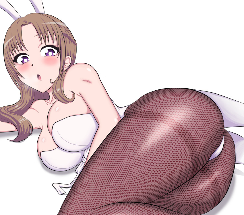 animal_ears ass breasts bright_pupils brown_hair bunny_ears bunny_girl female female_only fishnet_pantyhose fishnets highres large_breasts leotard looking_at_viewer milf oosuki_mamako pantyhose playboy_bunny purple_eyes rabbit_girl shinjicoca solo thighs tsuujou_kougeki_ga_zentai_kougeki_de_ni-kai_kougeki_no_okaasan_wa_suki_desu_ka? white_background white_leotard