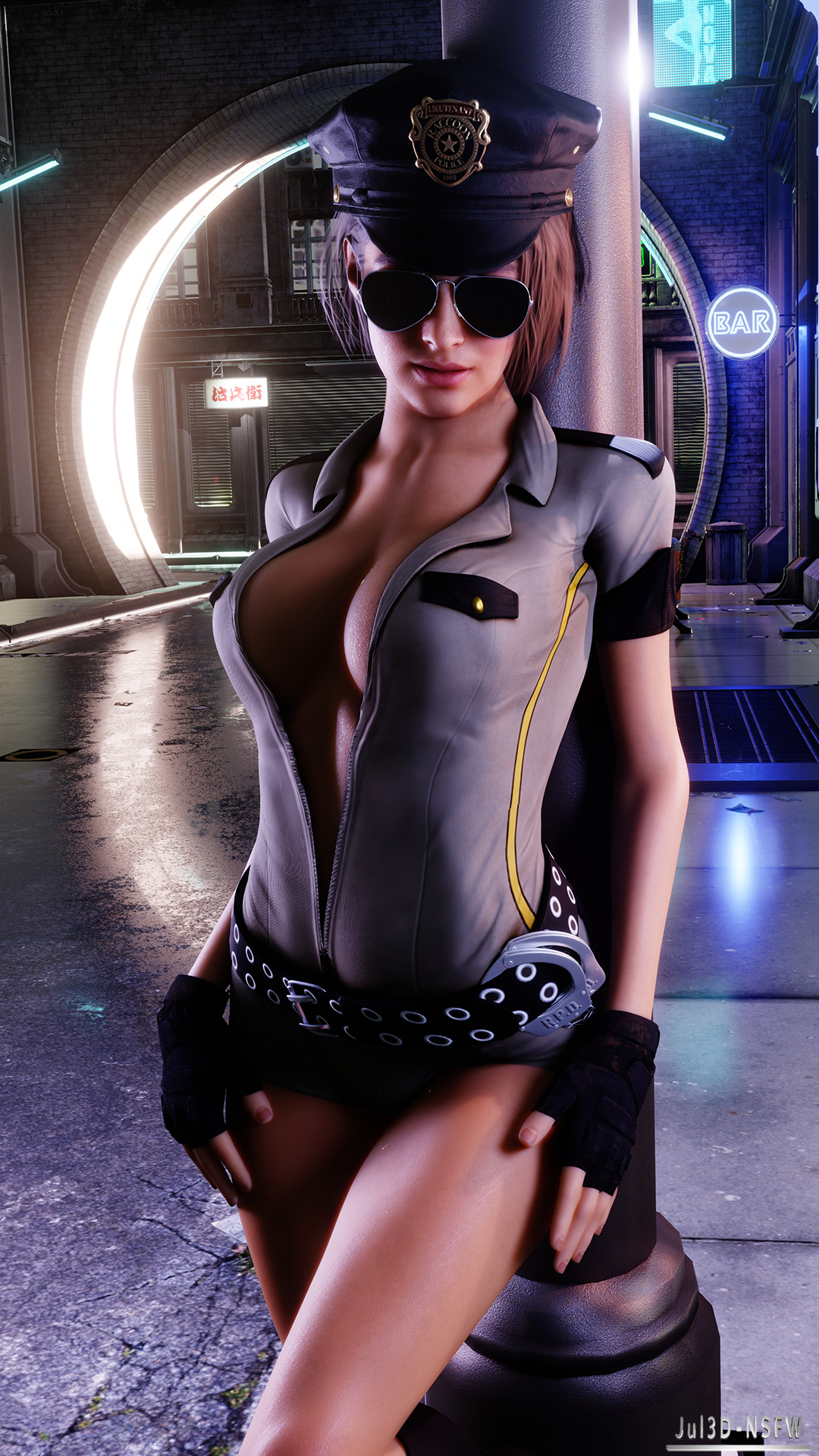 1girls, 3d, artist name, ass, aviator sunglasses, belt, blender, breasts, brown hair, capcom, cleavage, female, female focus, female only, handcuffs, hat, jill valentine, jill valentine (sasha zotova), jul3dnsfw, looking at viewer, makeup, naked, nipples, nude, police, police hat, police uniform, policewoman, pose, resident evil, resident evil 3, resident evil 3 remake, sunglasses, thighs, tinted eyewear