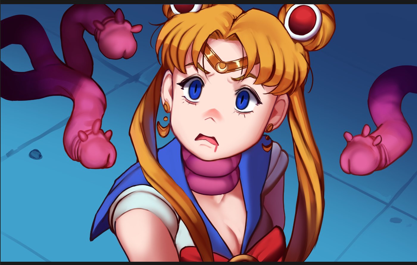 1girls asphyxiation bangs bishoujo_senshi_sailor_moon black_border blonde_hair blue_eyes blue_sailor_collar border bow breasts circlet cleavage clothing crescent crescent_earrings derivative_work drooling earrings facial female female_focus gaiidraws jewelry long_hair magical_girl meme open_mouth parted_bangs red_bow sailor_collar sailor_moon sailor_moon_redraw_challenge screencap_redraw solo strangling tentacle tile_floor tiles twintails upper_body usagi_tsukino