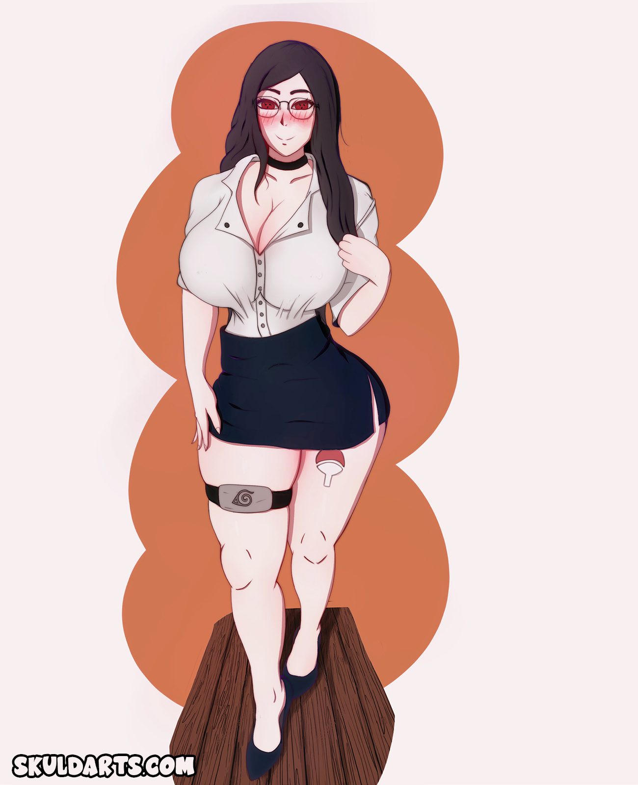 1girls, aged up, big breasts, bimbo, black hair, blush, boruto: naruto next generations, breasts, busty, cleavage, clothed, clothing, collar, curvaceous, curvy, curvy figure, female, female focus, female only, flats, footwear, fully clothed, glasses, heels, high heels, hourglass figure, large breasts, long hair, looking at viewer, naruto, naruto (series), nose blush, pinup, red eyes, sarada uchiha, sharingan, shirt, short skirt, shounen jump, skirt, skuldarts, smile, smiling, solo, solo female, solo focus, standing, stiletto heels, tattoo, thick thighs, thigh tattoo, thighs, uchiha symbol, voluptuous, white shirt, wide hips