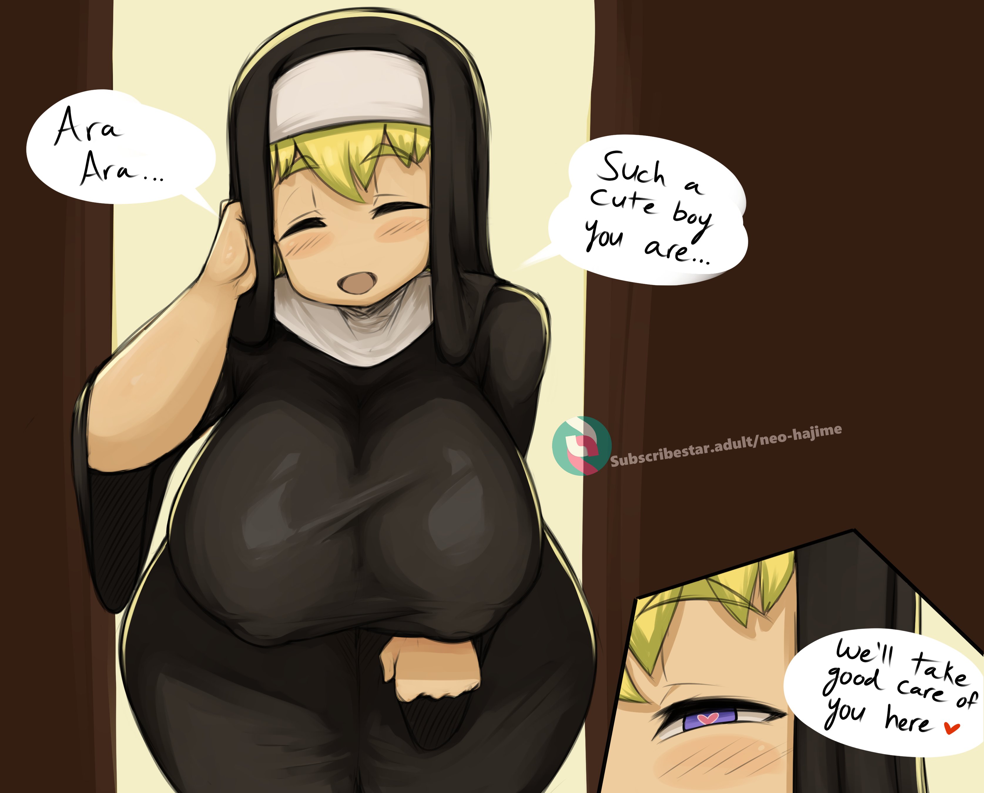 1girls, ara ara, big breasts, blonde hair, blue eyes, blush, breasts, eye contact, female, half-closed eyes, heart-shaped pupils, huge breasts, long hair, neo hajime, nun, nun's habit, original, shortstack, speech bubble, sunday nunday, text, voluptuous