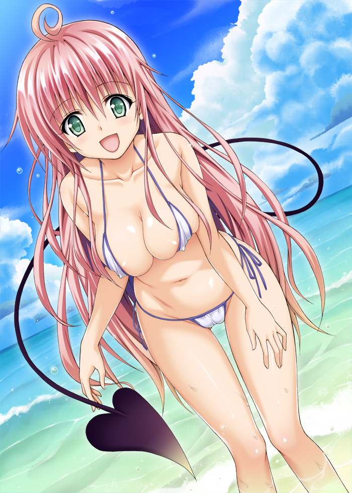 alien alien_girl alien_humanoid big_breasts bikini bikini_top demon_girl demon_tail female green_eyes lala_satalin_deviluke long_hair navel nipples_visible_through_clothing pink_hair pussy_visible_through_clothes smile spade spade_tail swimsuit tail taro_kasukabe to_love-ru water white_bikini white_swimsuit