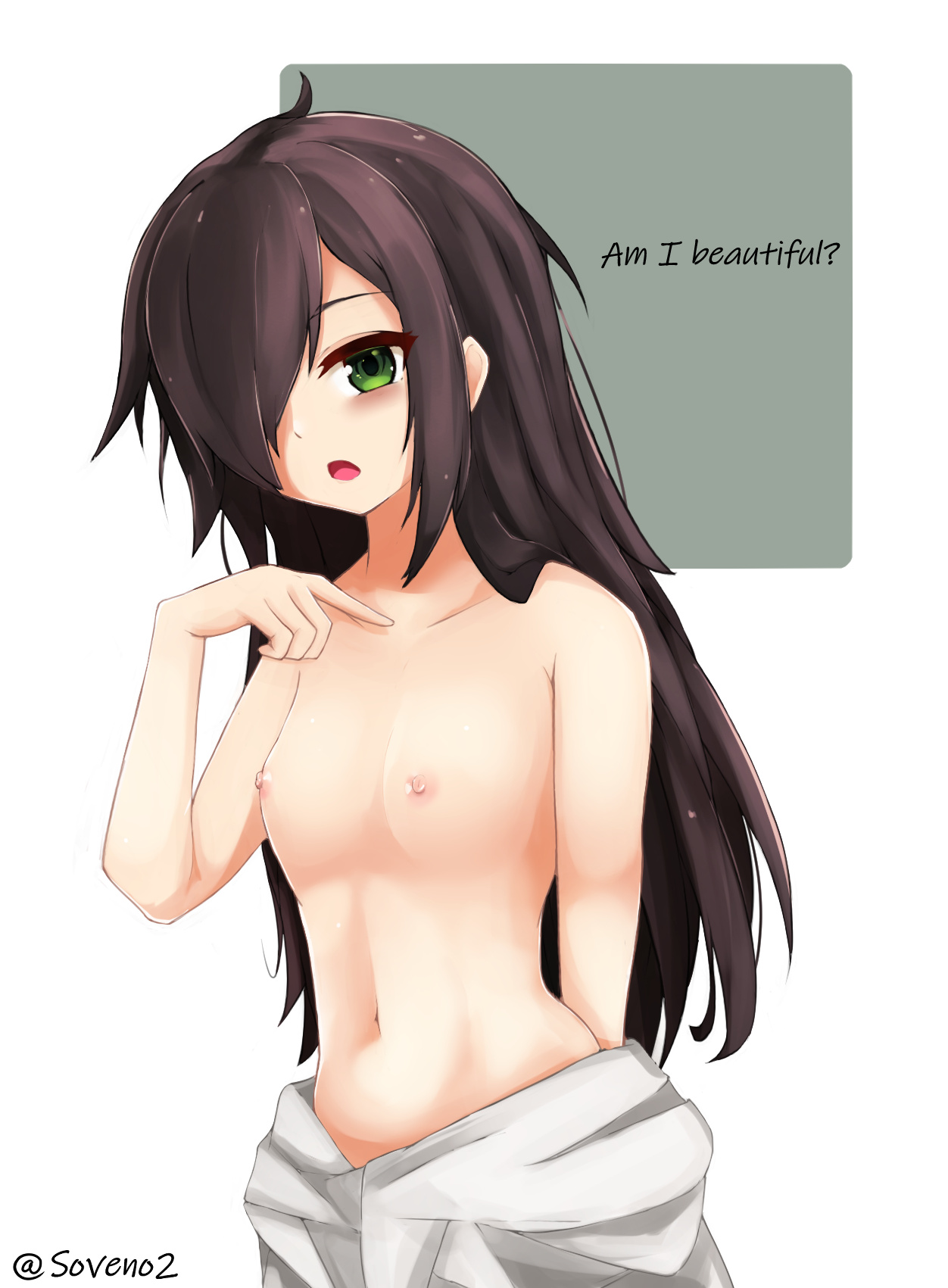 1girls, ahoge, asking a question, bags under eyes, bent over, black hair, breasts, female, green eyes, hair over one eye, highres, kuroki tomoko, long black hair, long hair, looking at viewer, messy hair, navel, nipples, pointing, simple background, small breasts, solo, soveno, topless, watashi ga motenai no wa dou kangaetemo omaera ga warui!