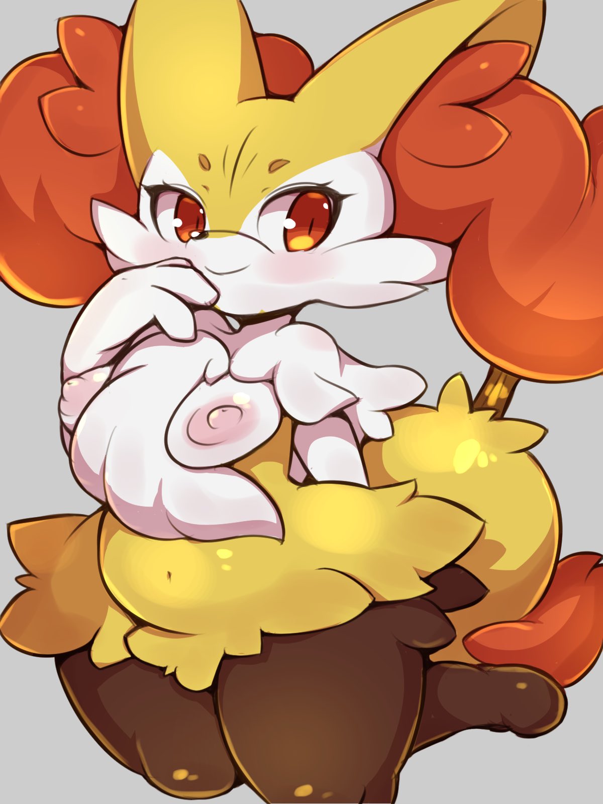 anthro, belly, belly bulge, big breasts, blush, braixen, breast slip, breasts, chubby, cute, fat thighs, female, flashing, fluffy tail, fox, fox ears, fox tail, furry, game freak, grey background, hand behind ass, hands on mouth, leg up, nekoyuu, nintendo, orange eyes, orange fur, pokémon (species), pokemon, pokemon (species), pokemon xy, standing, thick thighs, white fur, yellow fur