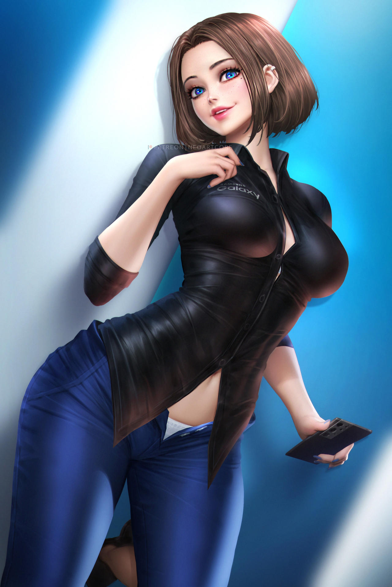 1girls, artist name, blue eyes, bob cut, breasts, brown hair, cleavage, ear piercing, eyelashes, female, female only, freckles, light skin, light-skinned female, looking at viewer, medium hair, neoartcore, pale skin, pale-skinned female, petite, pinup, samsung, samsung sam, solo, watermark