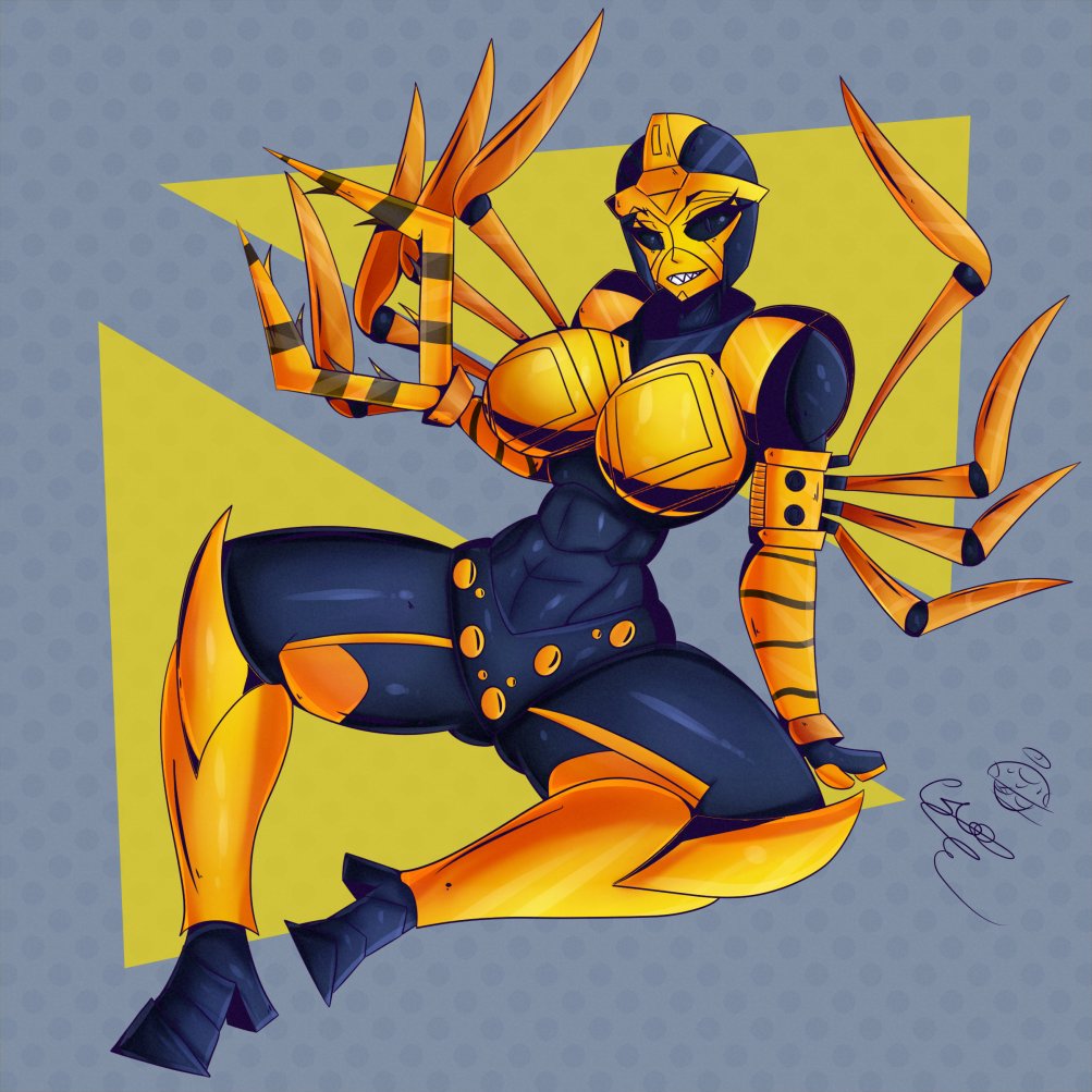 1girls, alicorn, alien girl, beast wars, big breasts, black eyes, blackarachnia, breasts, busty, female, female only, machine, panties, robot, robot girl, solo, solo female, thick legs, thick thighs, tr yithaz, transformers, yellow breasts