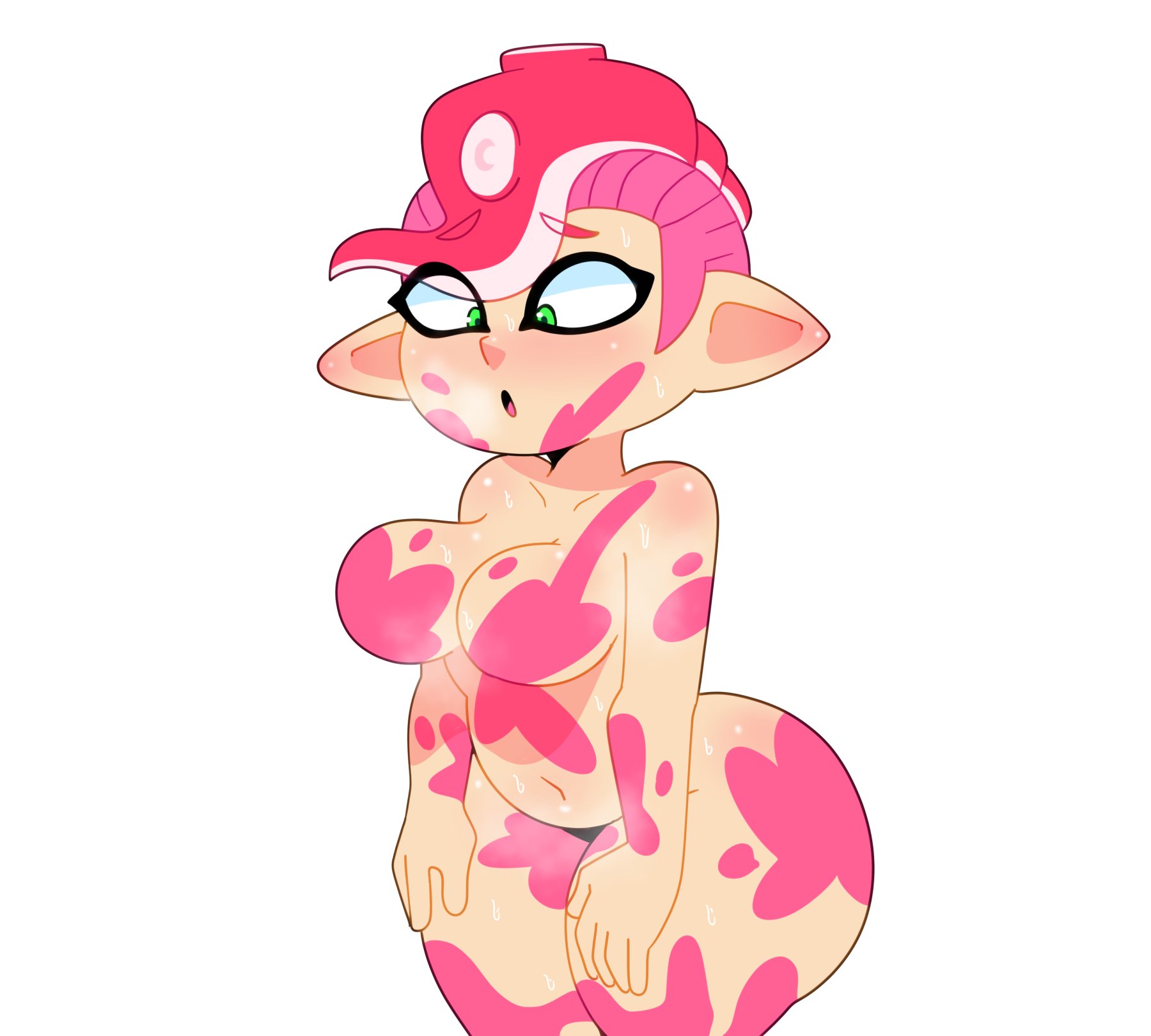 1girls, ass, big ass, big butt, breasts, cephalopod, cephalopod humanoid, chubby, chubby female, convenient censoring, convenient censorship, covered nipples, curvaceous, cute, digital media (artwork), eyelashes, female, female only, green eyes, ink, inked, naked, nintendo, nude, nude female, octoling, octoling girl, pink ink, simple background, slightly chubby, somescrub, splatoon, splatoon 2, sweat, tentacle, tentacle hair