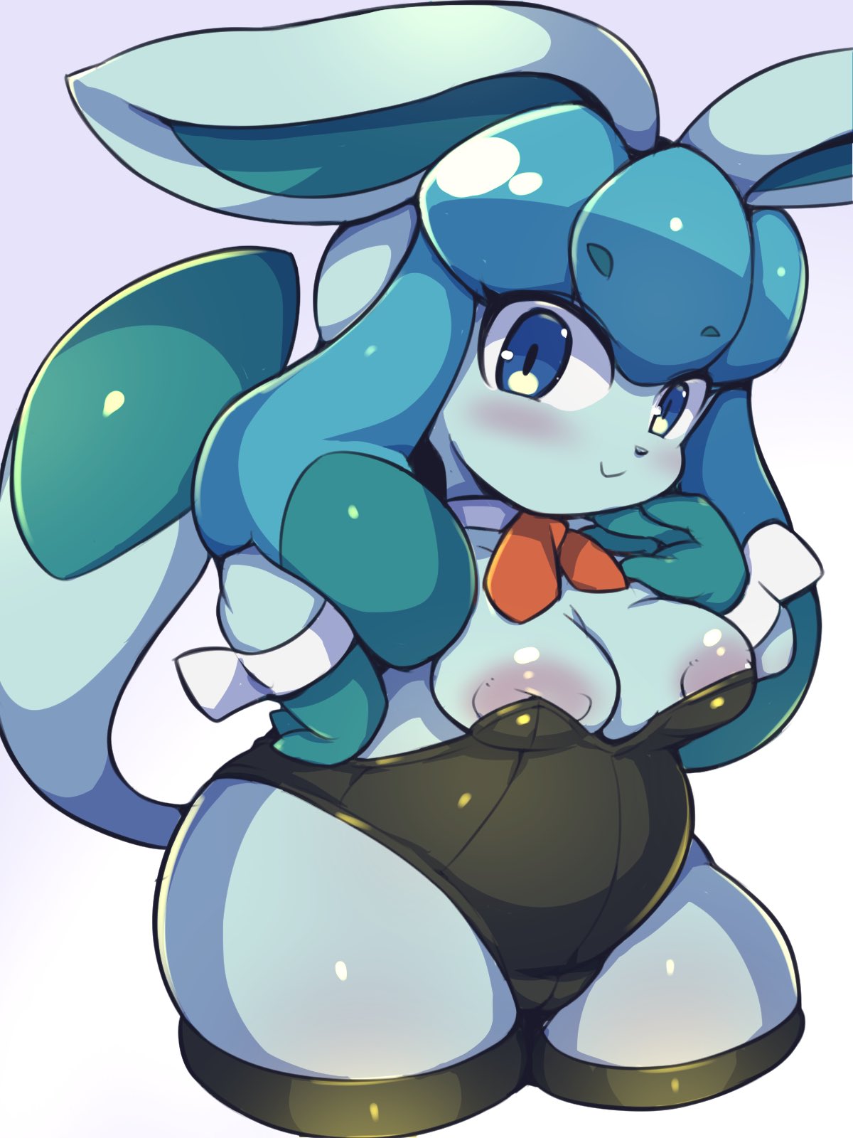 anthro areolae areolae_slip bangs belly belly_bulge big_breasts blue_eyes blue_fur blue_skin blush bunny_ears bunny_girl bunnysuit chibi chubby collar cute eyelashes fat_thighs furry game_freak glaceon hand_on_hips hand_under_head happy long_ears long_tail looking_at_viewer nekoyuu nintendo pokemon pokemon_dppt pokemon_species red_ribbon shiny_breasts shiny_skin shortstack tail thick_thighs thighhighs