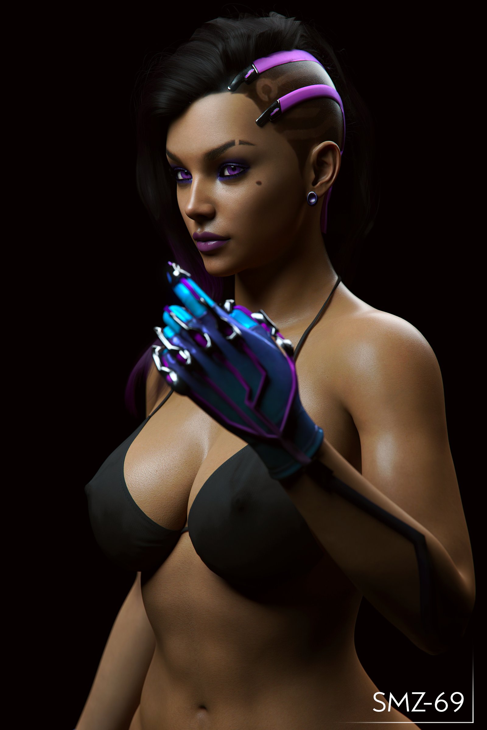 1girls, 3d, big breasts, black hair, bra, breasts, cleavage, dark skin, dark-skinned female, erect nipples, female, female only, fully clothed, large breasts, long hair, nipples, overwatch, purple eyes, smz-69, solo, sombra