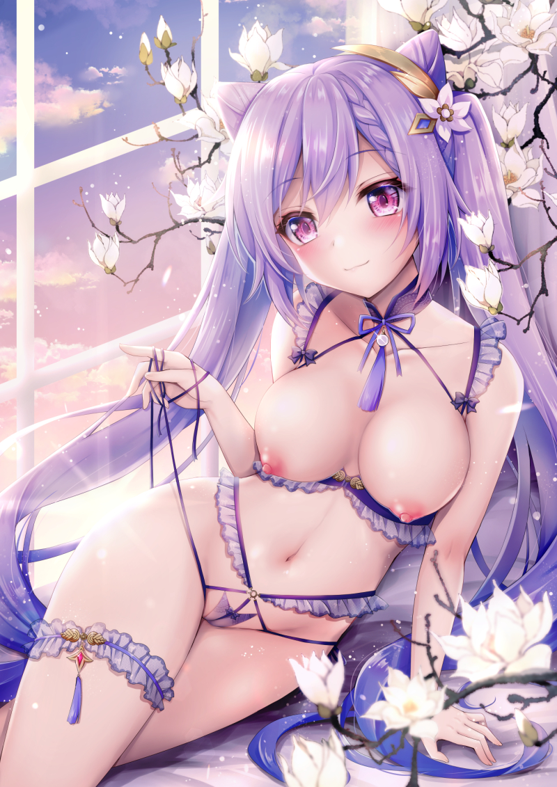 1girls, big breasts, blush, breasts, female, geko, genshin impact, keqing (genshin impact), lingerie, looking at viewer, nipples, purple eyes, purple hair, smile, string panties, underwear
