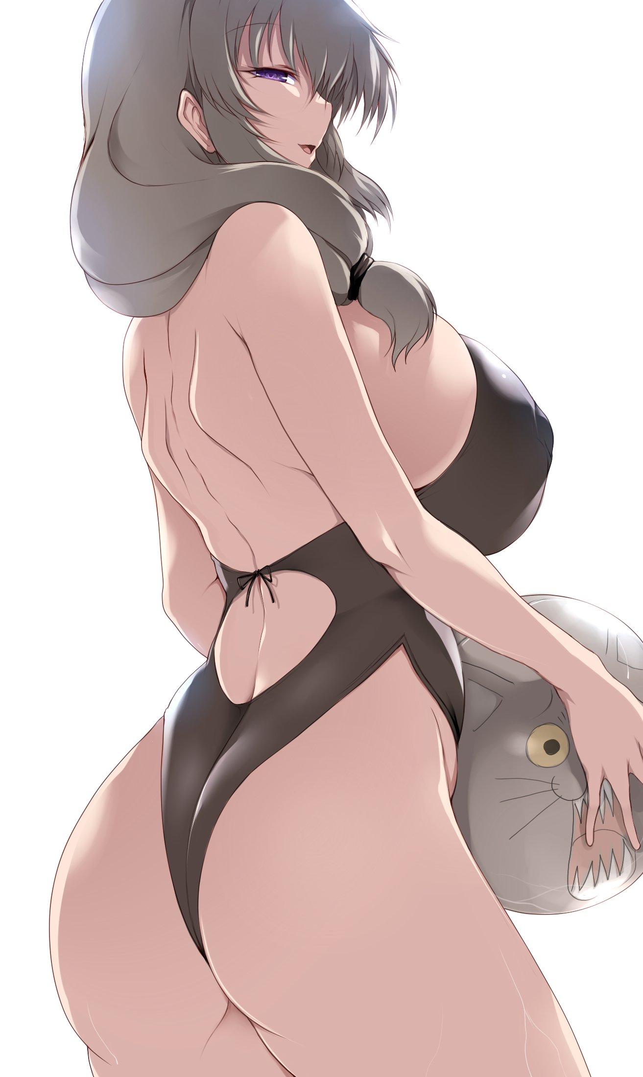 ass, beach ball, big ass, big breasts, bikini, breasts, breasts bigger than head, eyebrows visible through hair, female, female focus, female only, grey hair, hourglass figure, huge breasts, large breasts, long hair, milf, smile, solo, solo female, solo focus, thick thighs, tsukasawa takamatsu, uzaki tsuki, uzaki-chan wa asobitai!, voluptuous, white background
