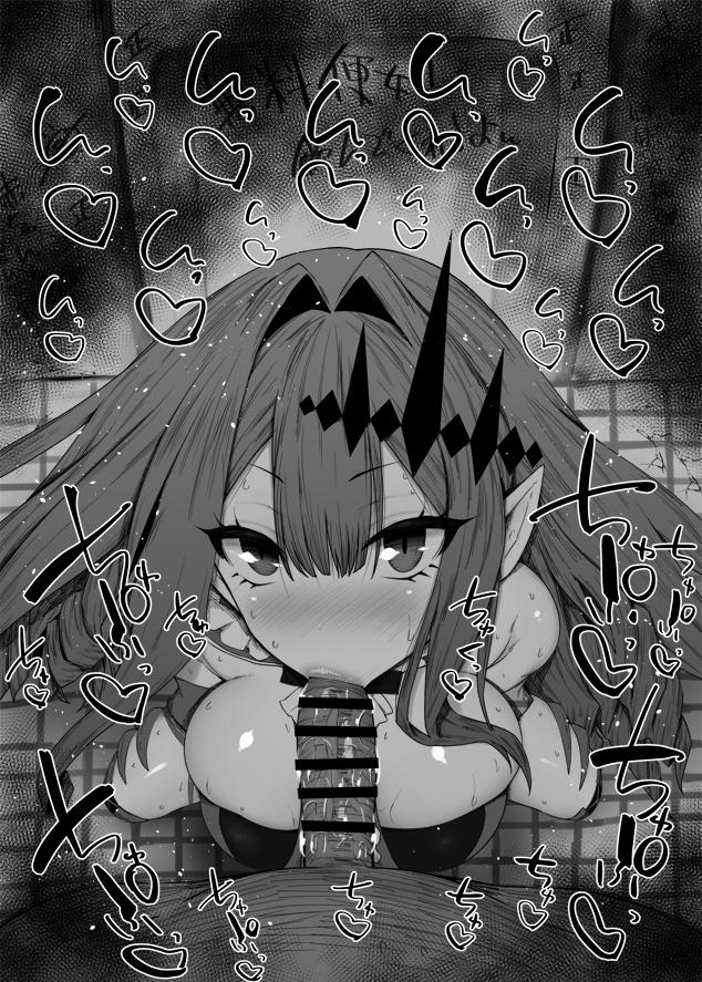 1boy, 1girls, baobhan sith (fate), bar censor, bare shoulders, big breasts, big penis, black and white, blowjob, blush, breasts, censored, dark skin, dark-skinned male, deepthroat mark, detailed background, drooling, eyelashes, fate (series), fate/grand order, fellatio, female, hair ornament, heart, horn, humanoid, indoor, inside, interspecies, japanese text, kurotama, long hair, looking at viewer, male, male pov, multicolored hair, oral, oral sex, penis, pointy ears, room, saliva, saliva trail, shiny, shiny skin, sketch, sound effects, squatting, sweat, text, tristan (fairy knight) (fate), vampire, vein, veins, veiny, veiny penis
