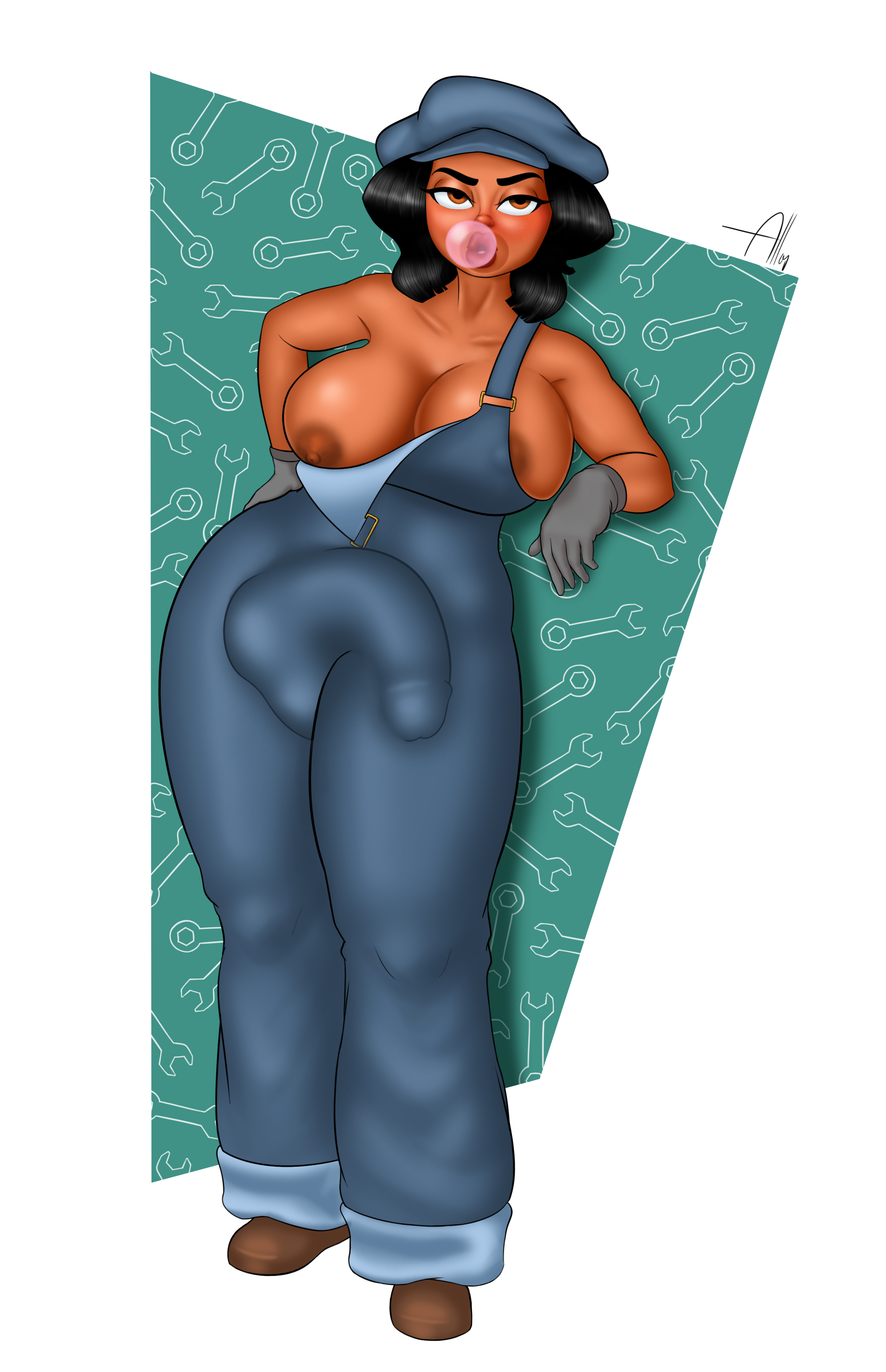 allop, areola slip, atlantis: the lost empire, audrey ramirez, balls, balls under clothes, big balls, big breasts, big penis, breasts, breasts out, brown eyes, brown skin, bubble gum, bulge, bursting breasts, dark hair, dark nipples, dark skin, dark-skinned female, dark-skinned futa, disney, female, full body, futa only, futanari, hand on hip, huge balls, huge breasts, huge cock, intersex, latina, looking at viewer, nipple slip, nipples, one breast out, overalls, partially clothed, penis, penis under clothes, pinup, simple background, thick thighs, what, wide hips