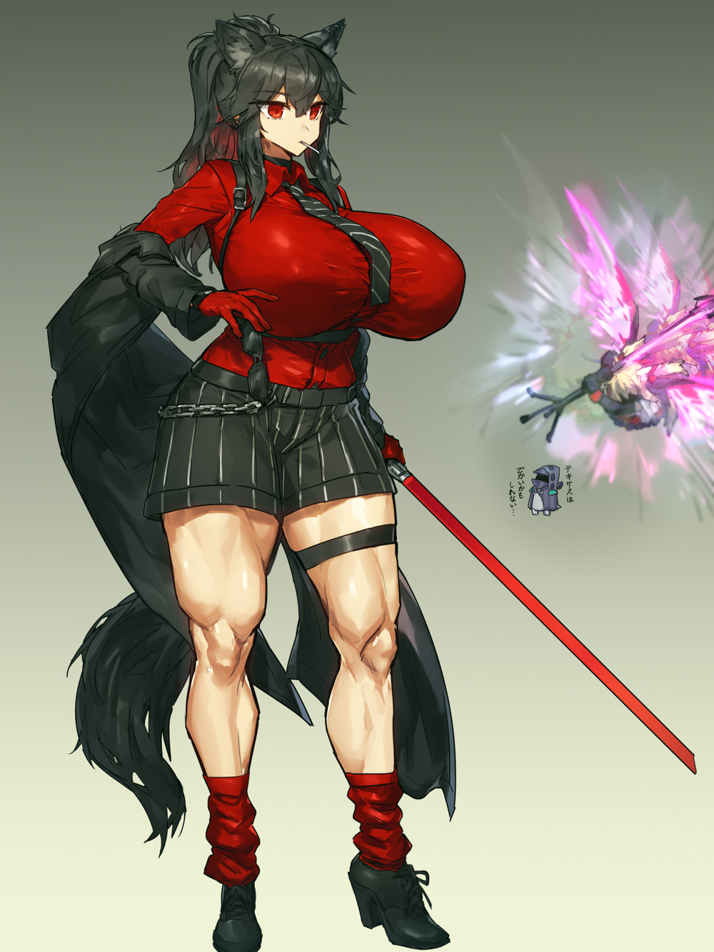 alternate_breast_size arknights big_breasts button_down_shirt cigarette dark_hair doctor_(arknights) fully_clothed huge_breasts jacket_removed melon22 muscular muscular_female muscular_thighs red_hair shorts sunglasses_removed texas_(arknights) texas_(willpower)_(arknights) thick_thighs thigh_strap tie weapon wolf_ears wolf_girl wolf_tail