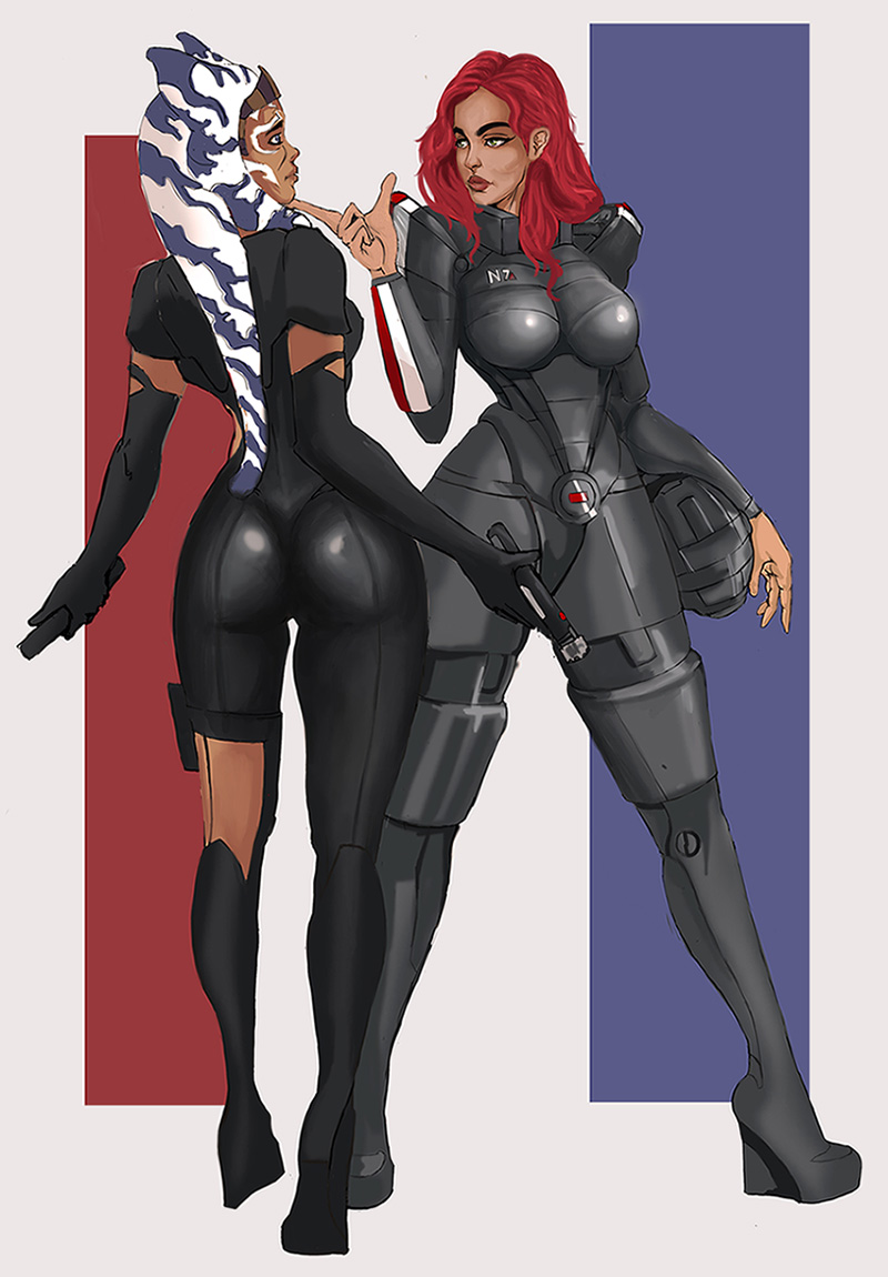 2girls, ahsoka tano, ass, big ass, big breasts, blue eyes, breasts, brown eyes, clothed, clothing, commander shepard, crossover, female, female focus, female only, femshep, latex, long hair, mass effect, multiple females, multiple girls, pose, red hair, revealing clothes, simple background, star wars, star wars rebels, ushkogrom, wide hips