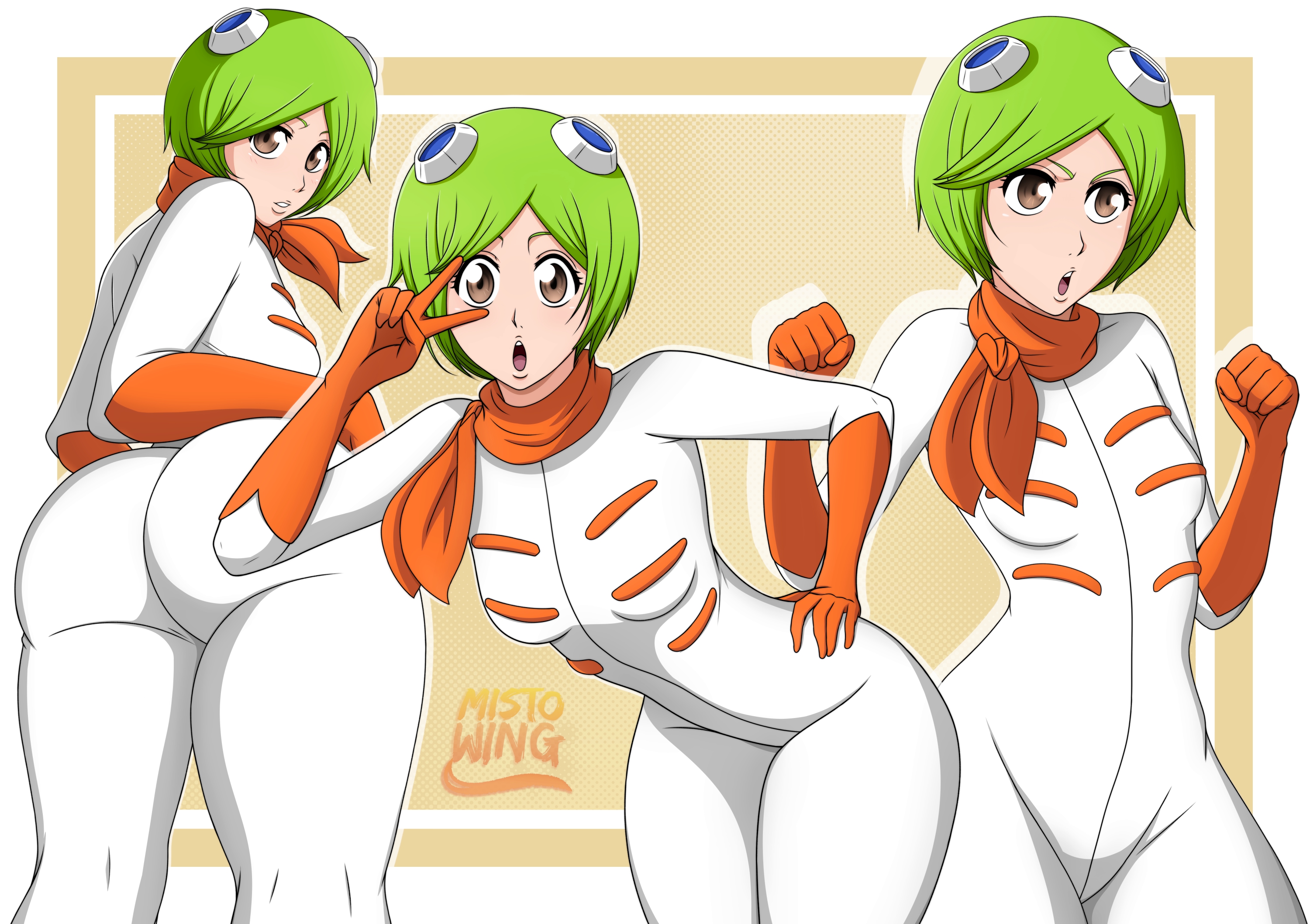 1girls, ass, bending over, bleach, female, female only, green hair, hazel eyes, kuna mashiro, mistowing, orange, orange gloves, solo, thick ass, thighs, white suit