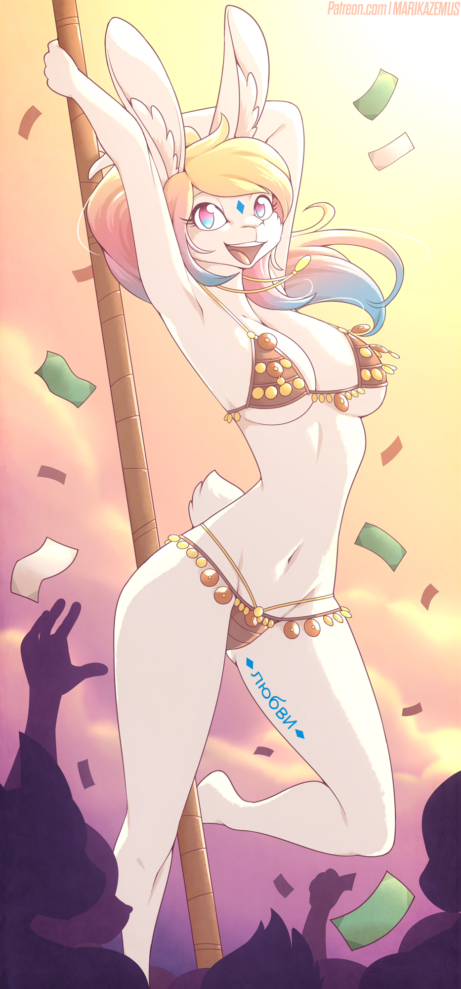 1:2 1girls 2020 2020s anthro armpits arms_above_head arms_up belly_dancer blonde_hair blue_eyes blue_hair bunny_ears bunny_girl bunny_humanoid bunny_tail cleavage dancer dancer_outfit exotic_dancer female_focus female_only forehead_jewel furaffinity furry humanoid_legs humanoid_limbs imminent_stripping lagomorph_nose large_breasts looking_happy marik_azemus34 money multicolored_eyes multicolored_hair necklace open_mouth pink_hair purple_eyes questionable rabbit_ears rabbit_girl rabbit_tail rabbit_teeth serafina_moroz silhouette stripper stripper_pole tongue visible_teeth white_fur