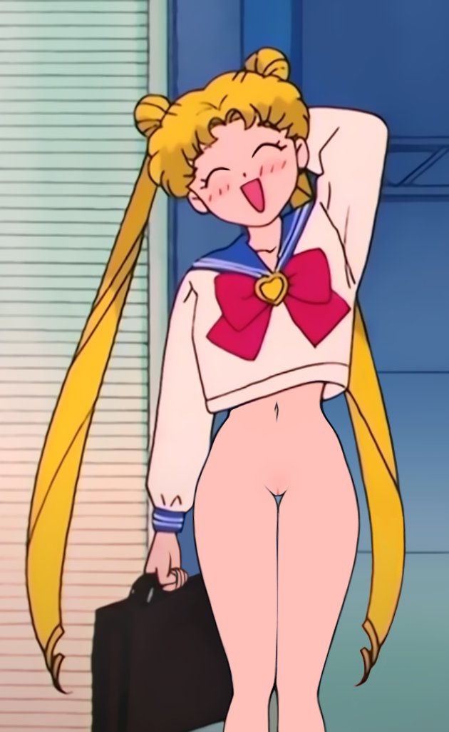 1girls, bishoujo senshi sailor moon, blonde hair, blush, bottomless, closed eyes, clothing, cute, edit, exhibitionism, female, female only, hand behind head, long hair, loodncrood, no panties, open mouth, pussy, screenshot edit, shaved pussy, skinny, smile, solo, solo female, thigh gap, toei animation, twintails, usagi tsukino, vagina