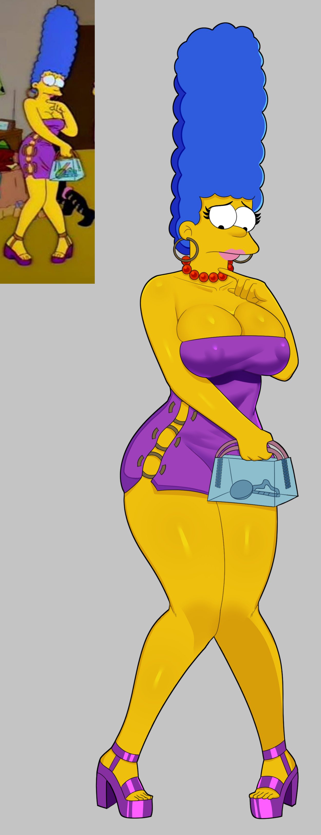 1girls big_breasts blue_hair cleavage clothed coldarsenal collar earrings erect_nipples_under_clothes high_heels lipstick long_hair looking_down marge_simpson mature_female milf mother pink_lipstick platform_heels purple_dress short_dress skimpy skimpy_clothes solo the_simpsons thick_thighs thigh_clothes tube_dress wide_hips yellow_skin