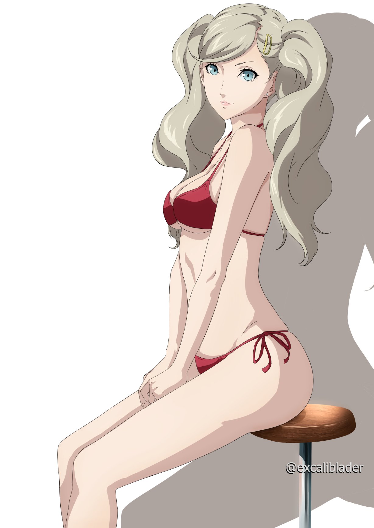 1girls, 2021, ann takamaki, bikini, blonde hair, blue eyes, breasts, chair, excaliblader, female, female only, hairclip, highres, legs, long hair, looking at viewer, medium breasts, persona, persona 5, red bikini, side-tie bikini, side-tie panties, simple background, sitting, smile, solo, swept bangs, swimsuit, twintails, twitter username, white background