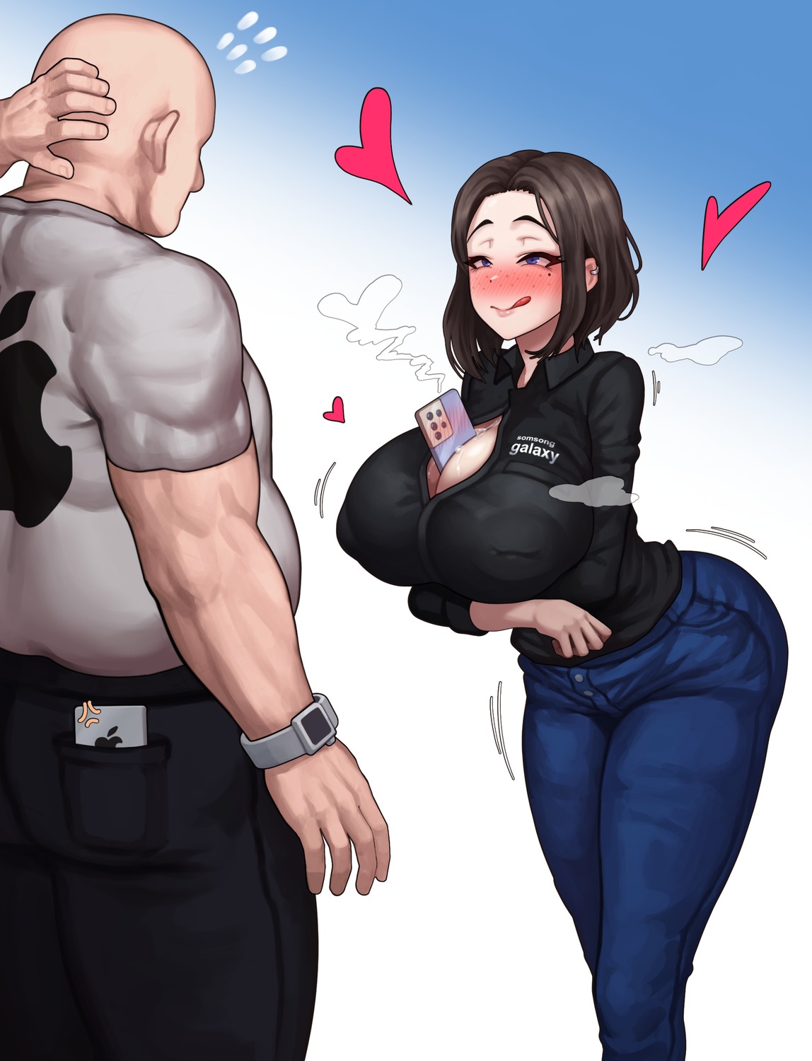 1boy, 1girls, 2021, ass, big ass, big breasts, big butt, big thighs, blush, blushing, breasts, busty, cleavage, curvy, fat male, female, horny female, huge breasts, imminent sex, jeans, large breasts, male, object between breasts, poper, round ass, round butt, samsung, samsung sam, steaming body, thick, thick ass, thick thighs, ugly bastard