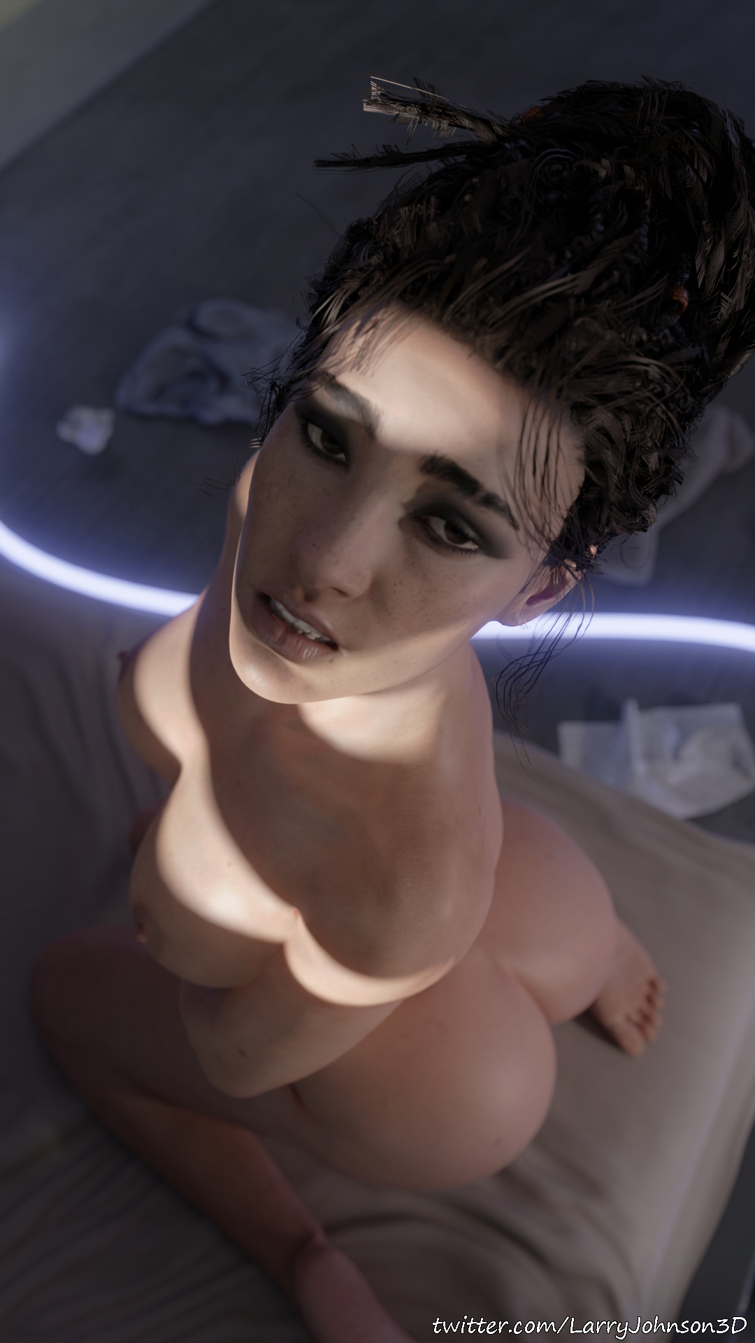 1girls, 2021, 3d, ass, breasts, brown hair, cgi, cyberpunk 2077, dark hair, dark skin, dark-skinned female, eyebrows, eyeshadow, feet, female, freckles, from above, hair bun, hair ornament, kneeling, larryjohnsonsfm, light skin, light-skinned female, lips, long hair, looking at viewer, looking up, mature, mature female, medium breasts, naked, naked female, nipples, nude, nude female, on bed, panam palmer, parted lips, sitting on bed, solo, teeth, tied hair, toes
