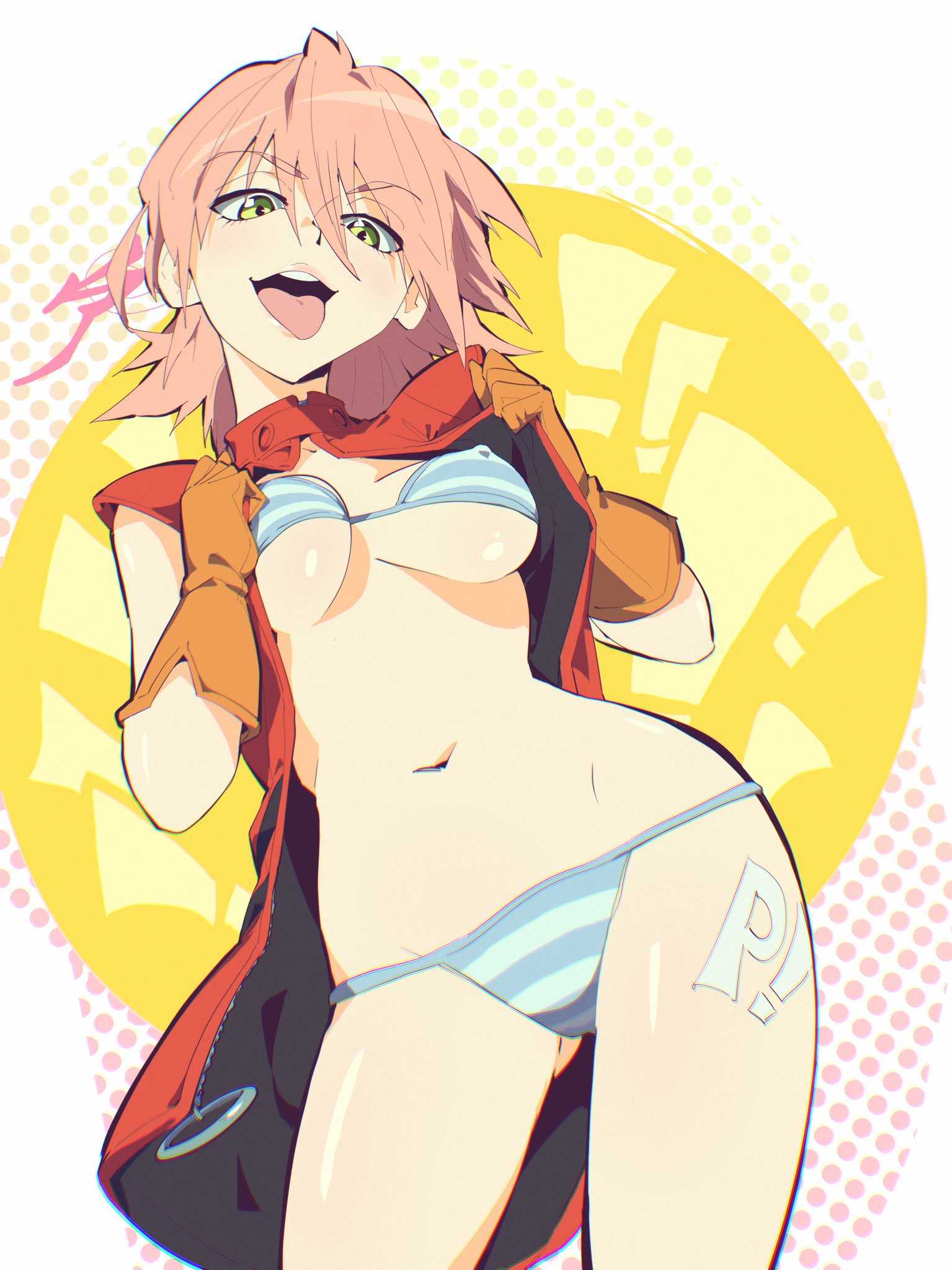 1girls, aetherion art, bra, breasts, breasts out, eyebrows visible through hair, female, flcl, gloves, haruko haruhara, looking at viewer, medium breasts, mouth open, navel, panties, pink background, pink eyes, polka dot background, short hair, solo, striped bra, striped panties, tongue, tongue out, underwear, undressing, yellow background, yellow eyes