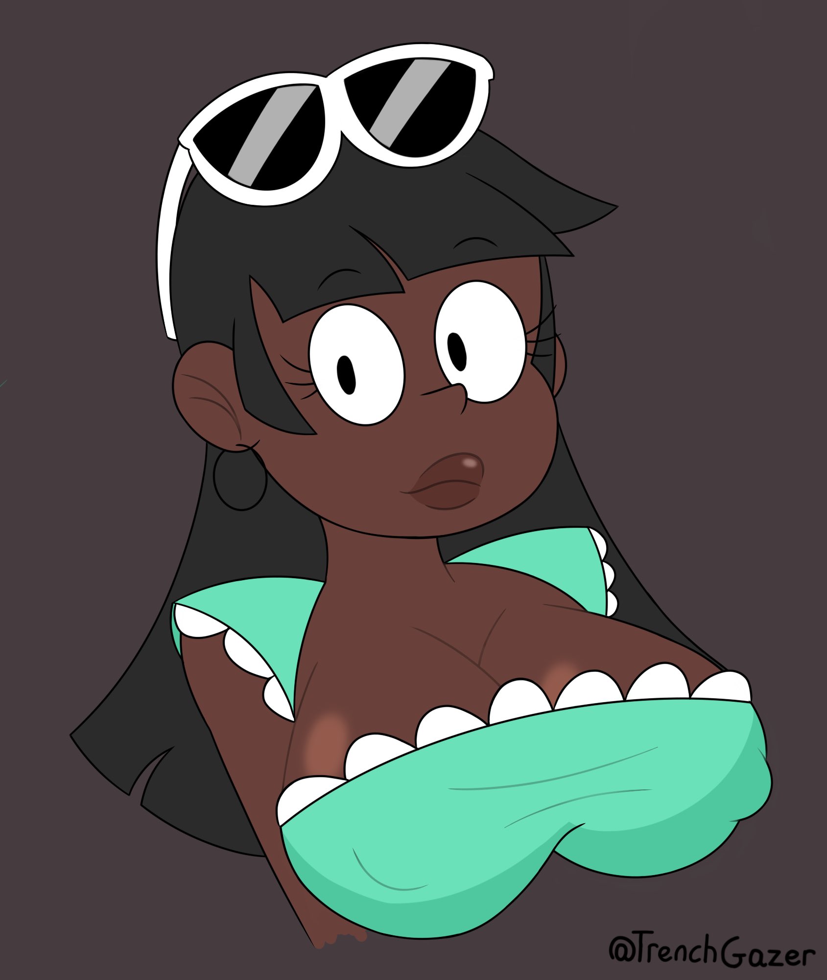 1girls, african female, bangs, big breasts, black hair, bleni, breasts, bust, cleavage, clothes, clothing, dark skin, dark-skinned female, female, female focus, huge breasts, large breasts, leni loud, looking at viewer, nipple bulge, nipples, nipples visible through clothing, race swap, sunglasses, sunglasses on head, the bloud house, the loud house, trenchgazer