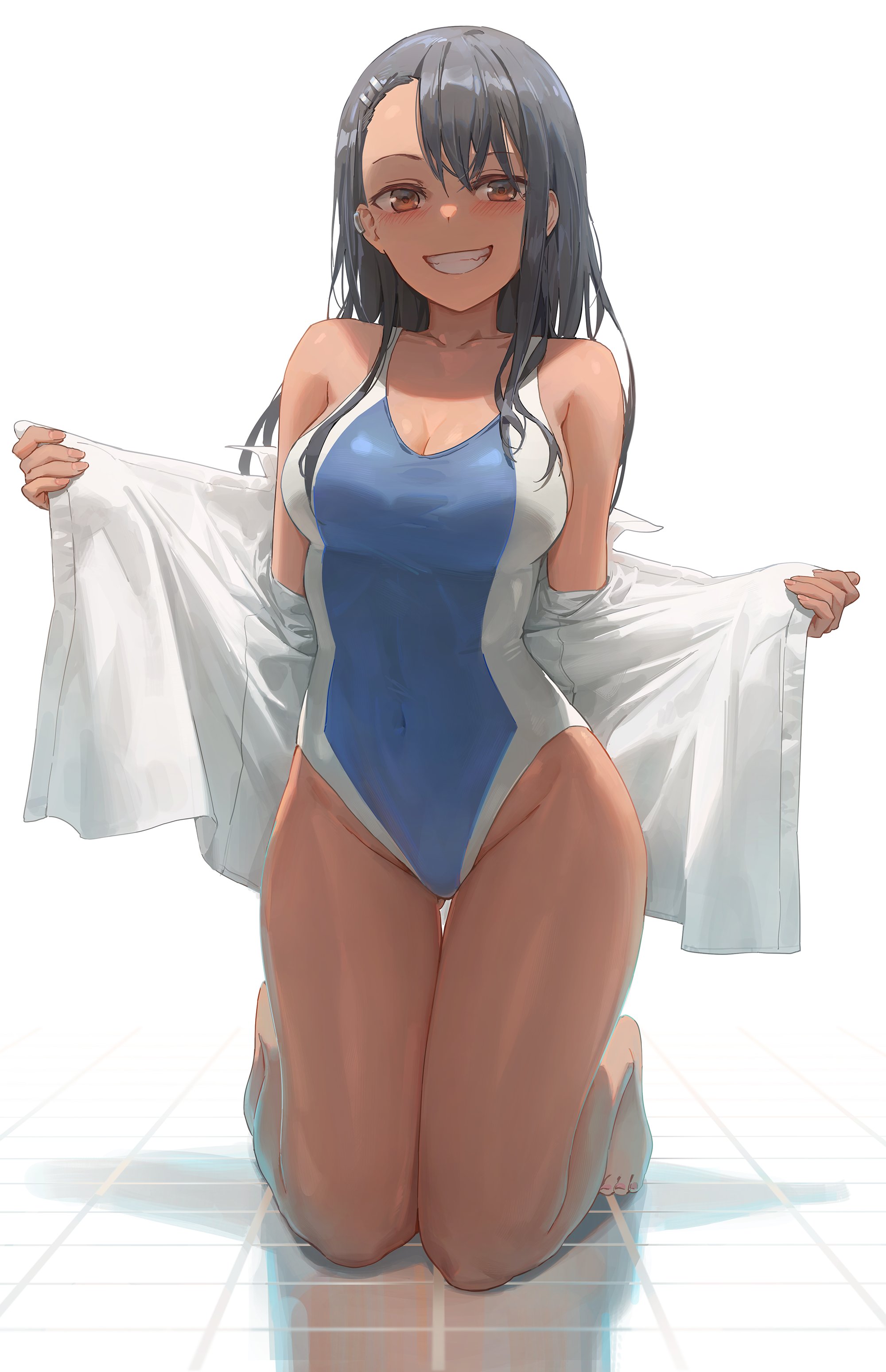 1girls, absurdres, alternate breast size, big breasts, black hair, blush, breasts, brown eyes, cleavage, curvy, cute fang, female, female focus, female only, grin, hayase nagatoro, hi res, highres, large breasts, long hair, looking at viewer, one-piece swimsuit, open clothes, please don't bully me, nagatoro, shirt, simple background, smile, solo, solo female, swimsuit, tan skin, undressing, white background, white shirt, wide hips, yohan1754