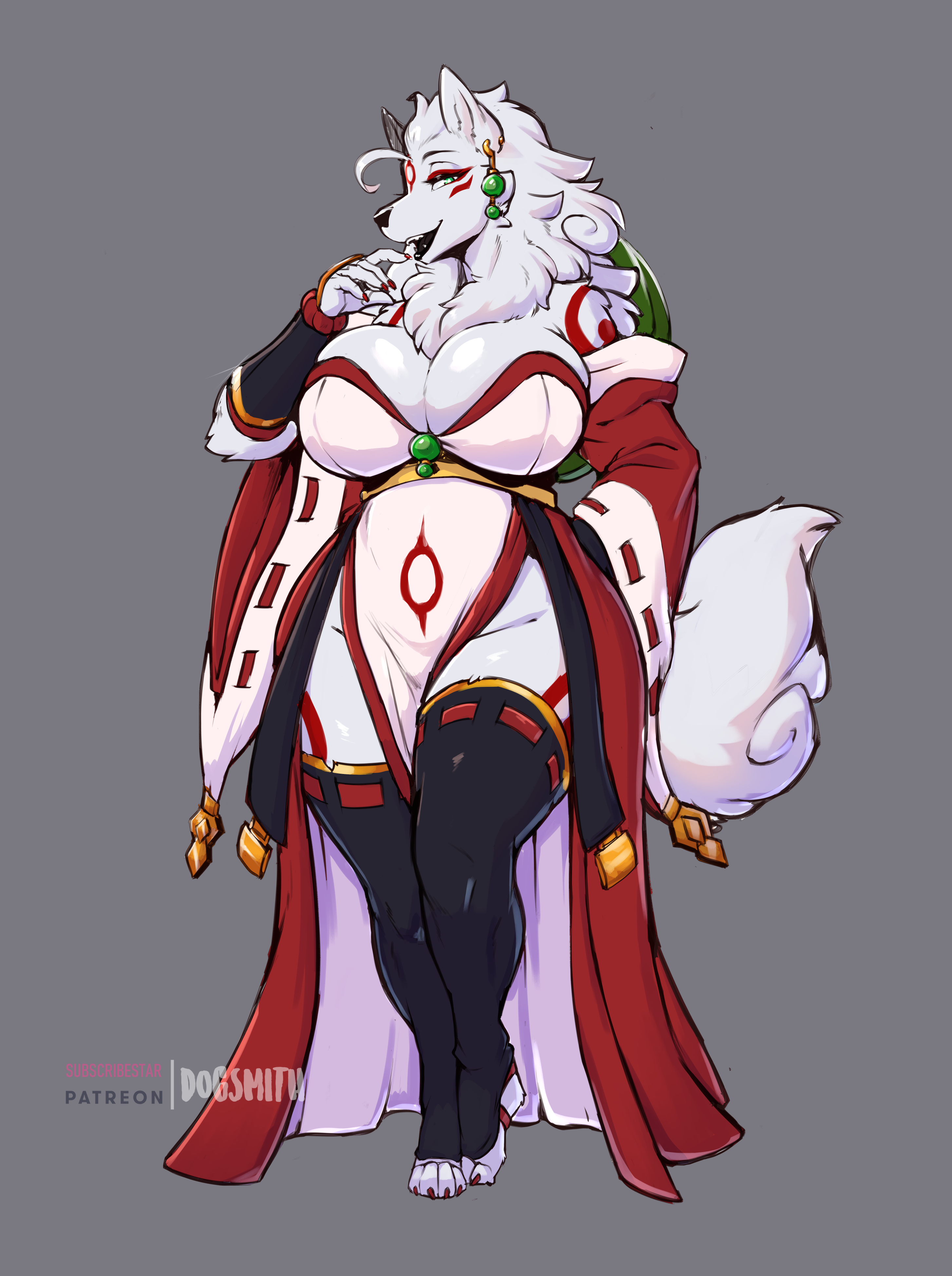 1girls, amaterasu, amaterasu (okami), anthro, big breasts, breasts, cleavage, faizenek, female, female only, furry, inu-sama, large breasts, okami, solo, the dogsmith, thick thighs, thighhighs, wide hips, wolf, wolf girl
