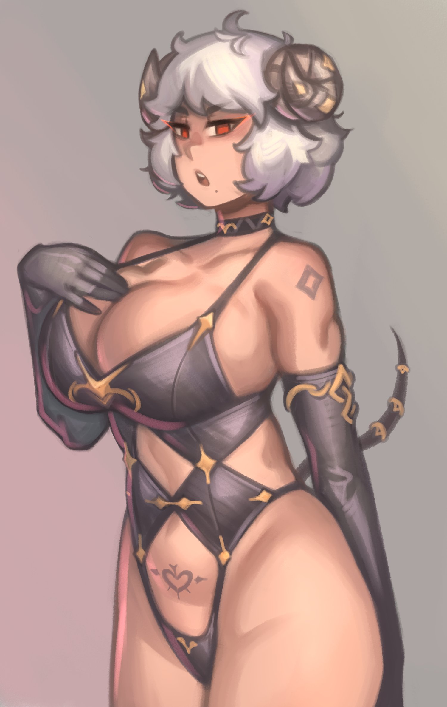 1girls, breasts, character request, cleavage, female, gloves, horns, kelvin hiu, large breasts, mole, mole under mouth, red eyes, revealing clothes, sheep horns, solo, source request, standing, tagme, tail, tattoo, thighs, white hair