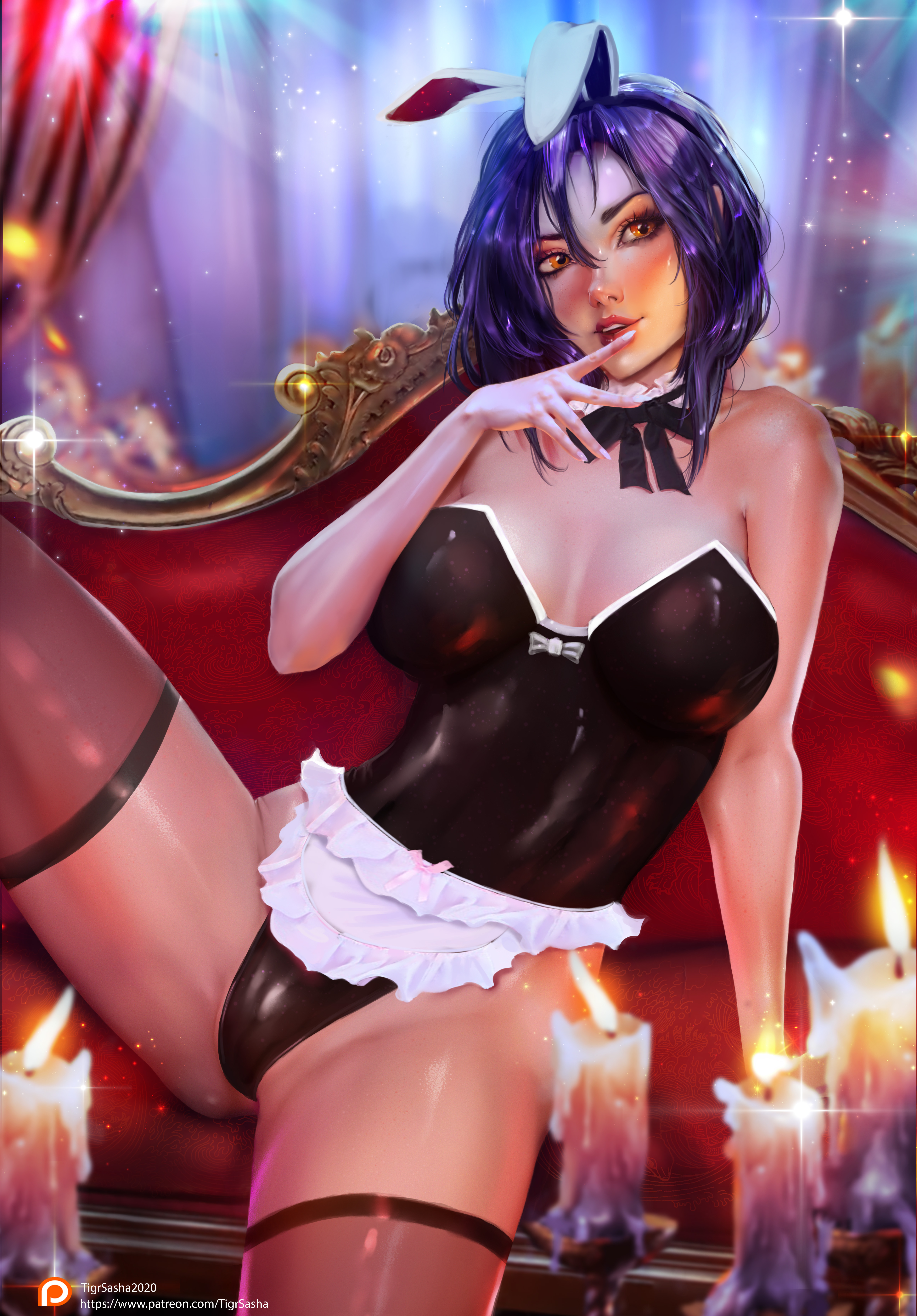 1girls, absurd res, alternate version available, arm support, bare shoulders, big breasts, big thighs, black leotard, blush, breasts, bunny ears, candle, candles, cleavage, collar, couch, curvaceous, curvy, detached collar, fake animal ears, female, female focus, female only, fishnet legwear, fishnets, hair, hair between eyes, hand on chin, hand on own chin, hi res, high resolution, highres, indoor, indoors, leg up, legs apart, legs spread, legwear, leotard, lips, looking away, looking to the side, maid, maid dress, medium hair, merlin (nanatsu no taizai), nanatsu no taizai, one leg up, parted lips, purple hair, shiny skin, sitting, sitting on couch, solo, solo female, solo focus, spread legs, strapless, strapless leotard, teeth, the seven deadly sins, thick thighs, thighs, tigrsasha, very high resolution, wide hips, yellow eyes