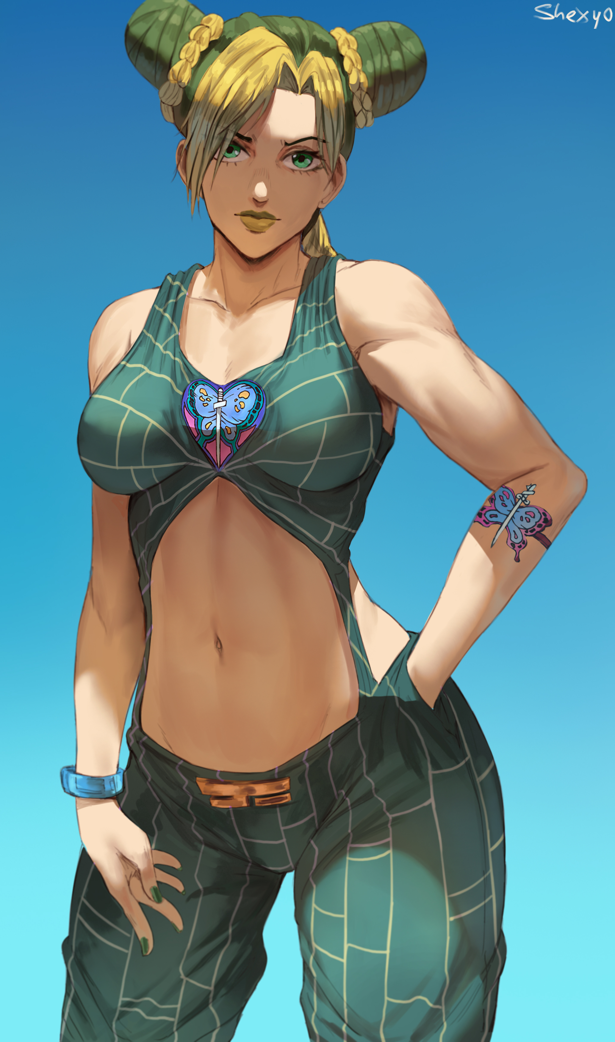 1girls, bracelet, clothed, clothing, dyed hair, female, female focus, female only, female protagonist, green eyes, high resolution, highres, jojo's bizarre adventure, jolyne kujo, lipstick, long hair, looking at viewer, nail polish, shexyo, shounen jump, sole female, solo, solo focus, stone ocean, tagme, toned, toned female