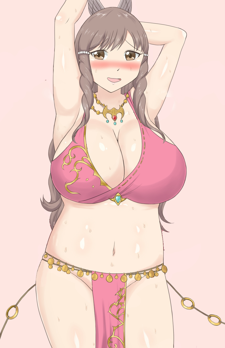 1girls blush breasts brown_eyes brown_hair cleavage cosplay embarrassed female fire_emblem fire_emblem:_genealogy_of_the_holy_war fire_emblem_awakening fixed hair_ornament highres huge_breasts jewelry large_breasts lene_(fire_emblem)_(cosplay) long_hair looking_at_viewer midriff milf navel necklace nintendo no_bra no_panties no_underwear open_mouth plump raigarasu revealing_clothes smile solo sumia_(fire_emblem) sweat thick_thighs thighs third-party_edit