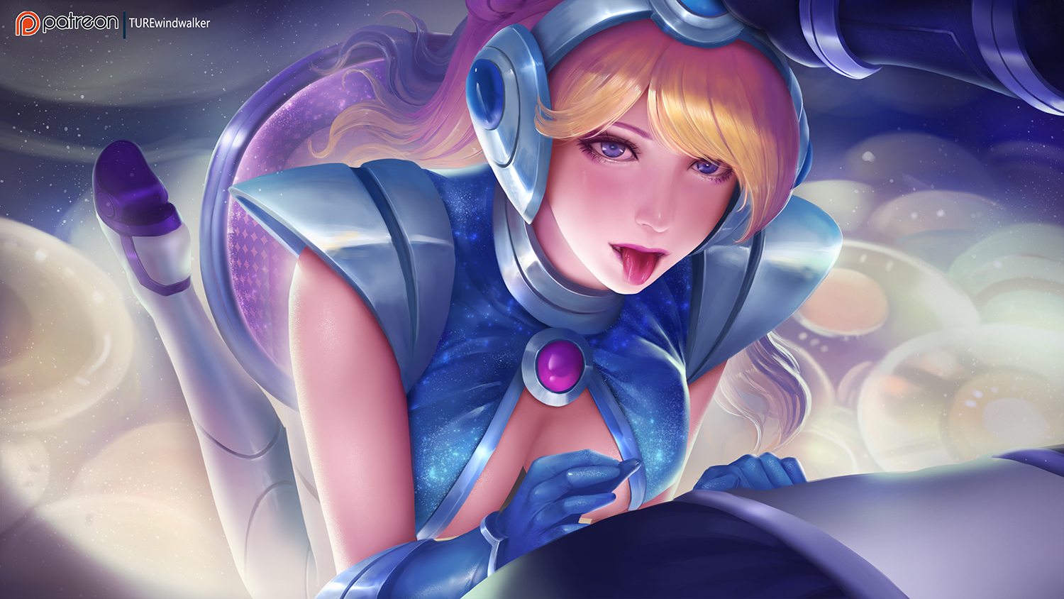 blonde hair, female, imminent sex, league of legends, luxanna crownguard, space groove lux, space groove series, teenager, tongue, tongue out, windwalker