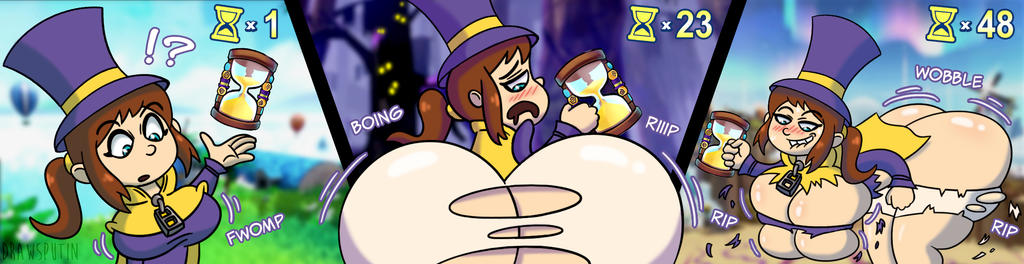 1girls, a hat in time, aged up, ass, ass expansion, biting lip, breast expansion, breast growth, breast growth (enlargement), breasts, comic, drawsputin, drooling, female, hat adult, hat kid, huge ass, huge breasts, sequence, torn clothes, torn clothing, twerking, wardrobe malfunction