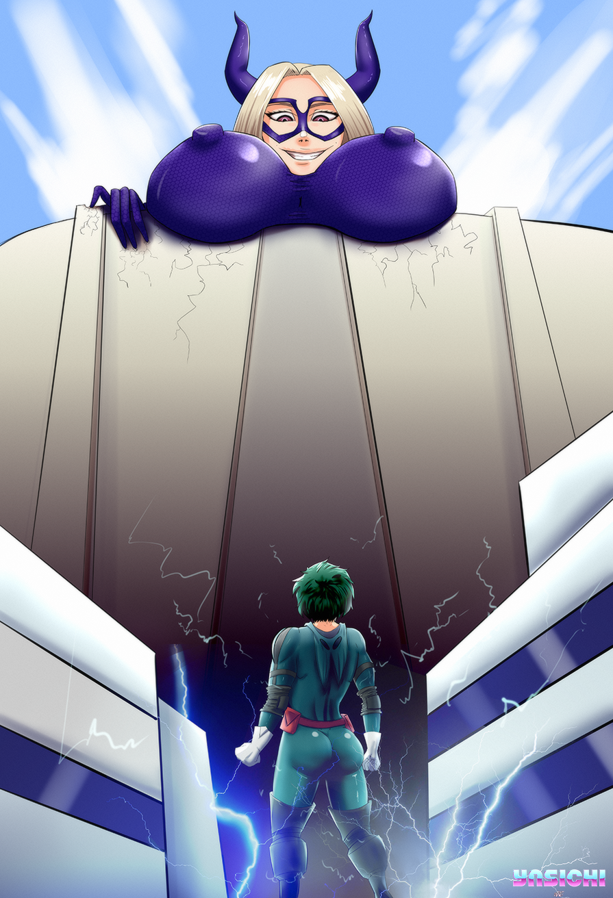 1boy 1girls attack_on_titan big_breasts crossover female giant giant_breasts giantess izuku_midoriya male male/female mount_lady my_hero_academia shounen_jump ynsichi yuu_takeyama