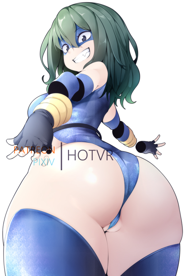 1girls, ass, big ass, big butt, female, female focus, female human, female only, green hair, green-haired female, hero outfit (mha), hotvr, human, leotard, looking back, my hero academia, partially visible vulva, pussy, smile, solo, superhero costume, superheroine, thick thighs, thighhighs, tokage setsuna, white background