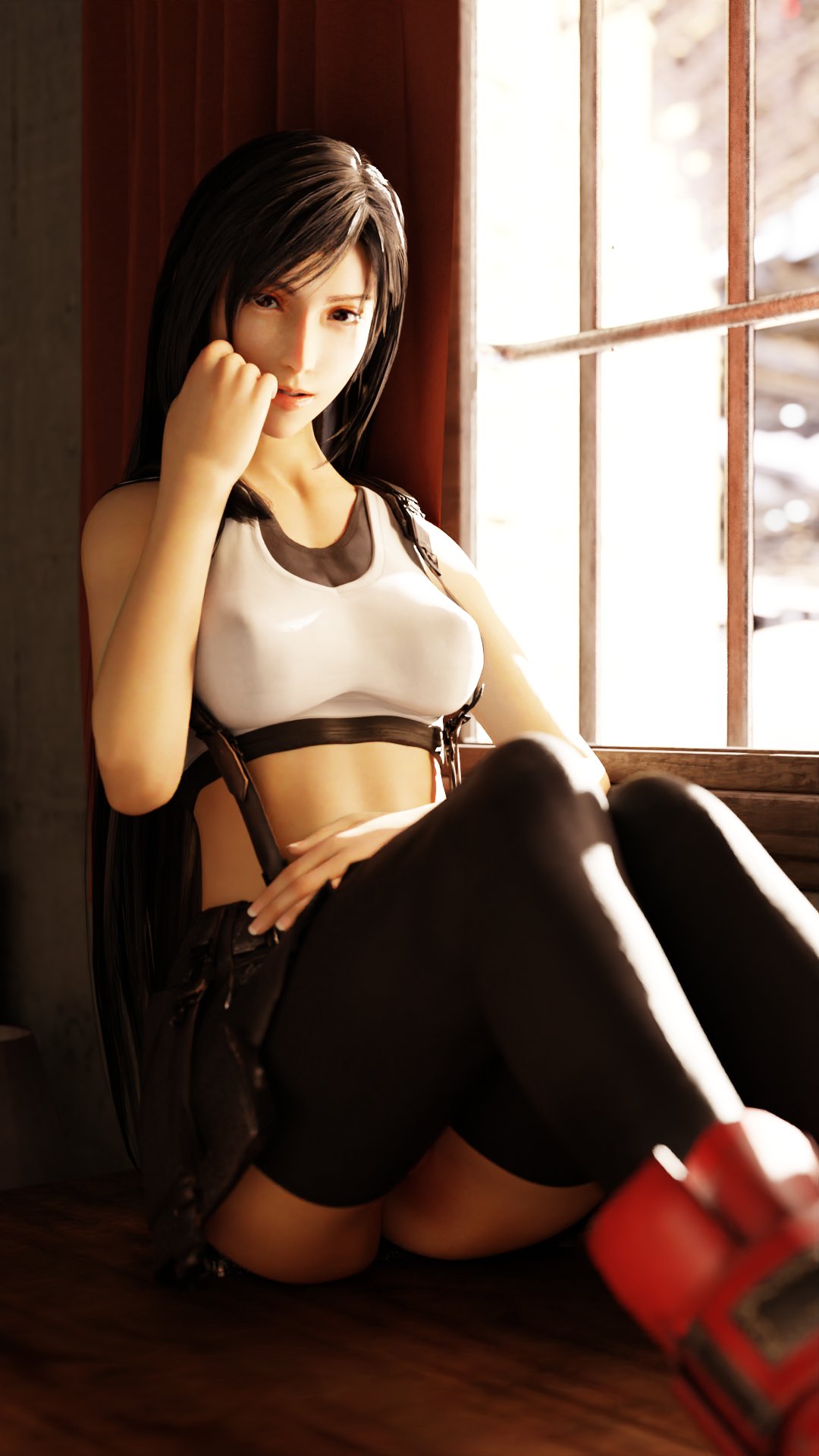 1girls 3d blender dark_hair female female_only final_fantasy final_fantasy_vii final_fantasy_vii_remake looking_at_viewer maximusjandari poster revealing_clothes sitting skimpy_clothes solo tifa_lockhart