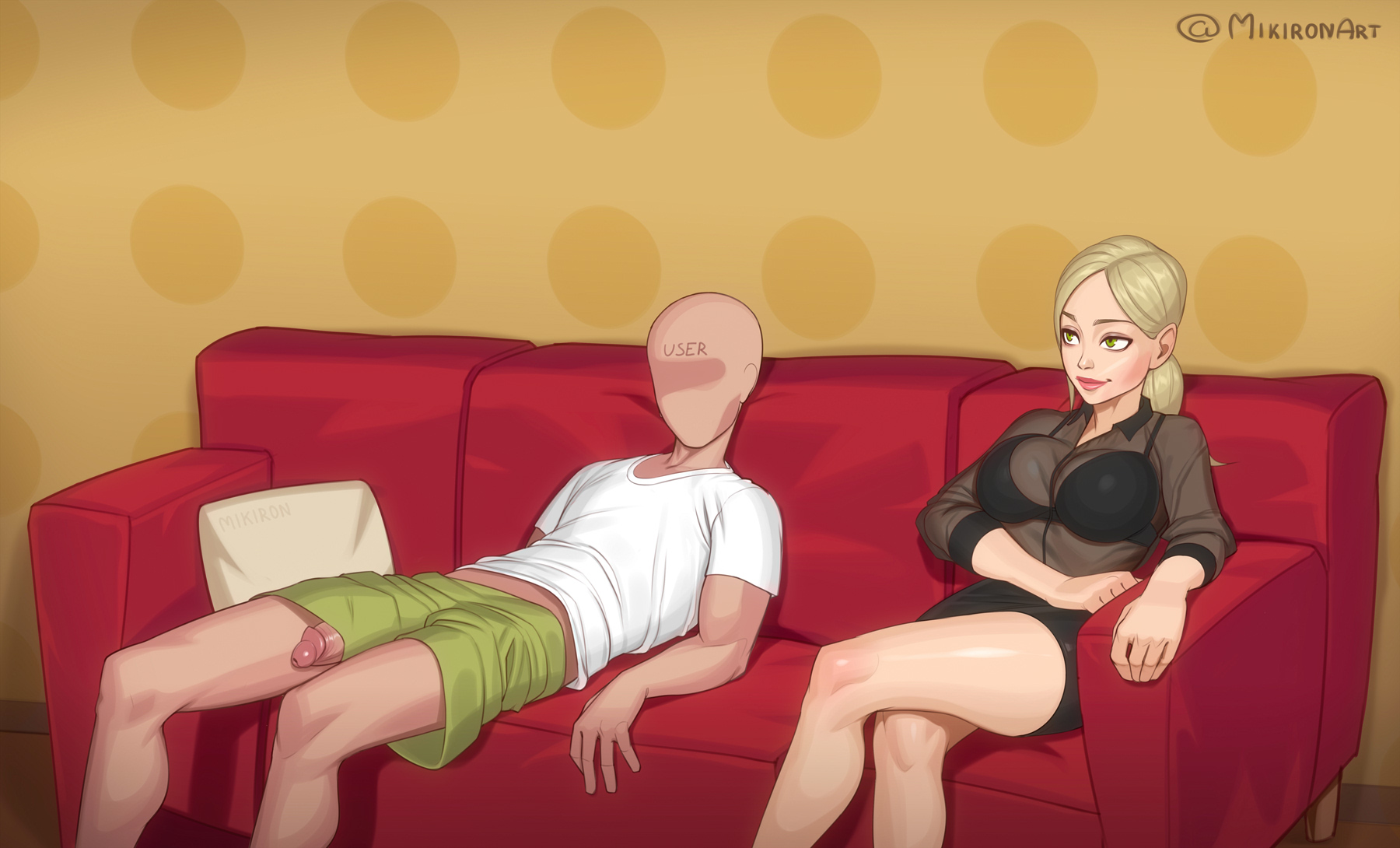 1boy, 1girls, belly, belly bulge, blonde hair, breasts, brown hair, female, green eyes, looking at another, looking to the side, male, medium breasts, mikiron, nervous, no bra, panties around leg, penis, pussy, short hair, siri (apple), vaginal penetration, vaginal sex