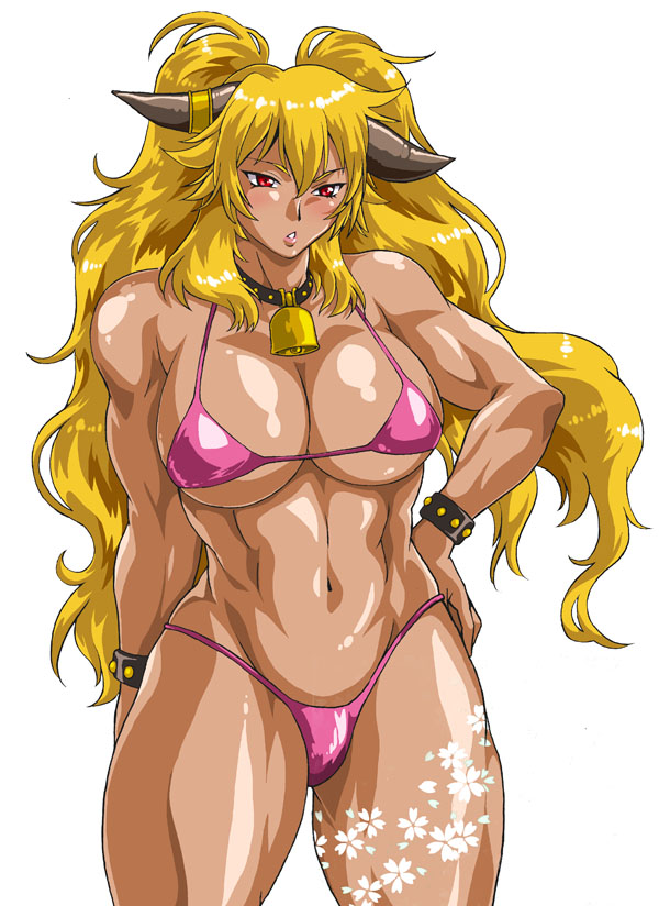 1girls abs animal_girl big_breasts bikini blonde_hair breasts cow_girl horns huge_breasts legs manabe_jouji muscular muscular_female pink_bikini red_eyes