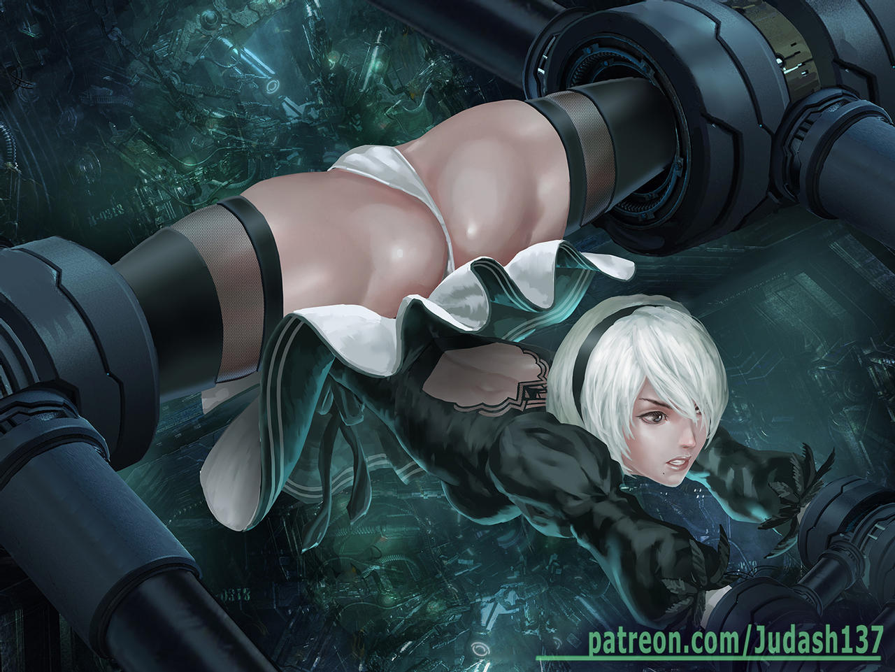 1girls angry ass bangs black_legwear bondage bound breasts butt_crack dress female female_only hairband imminent_rape imminent_sex judash137 leotard light-skinned_female light_skin lingerie long_hair long_sleeves looking_at_viewer machine mole mole_under_mouth nier nier:_automata nier_(series) open_mouth panties parted_lips rape short_hair solo solo_female spread_legs stationary_restraints thick_thighs thigh_boots thighs toned underwear upskirt white_hair white_leotard white_panties yorha_2b